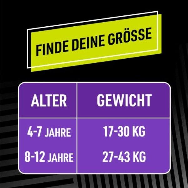 Infografik mit Tabelle zur Größenfindung. Spalten: Alter und Gewicht. Zeilen: 4-7 Jahre/17-30 kg, 8-12 Jahre/27-43 kg. Hintergrund: Lila und Weiß.