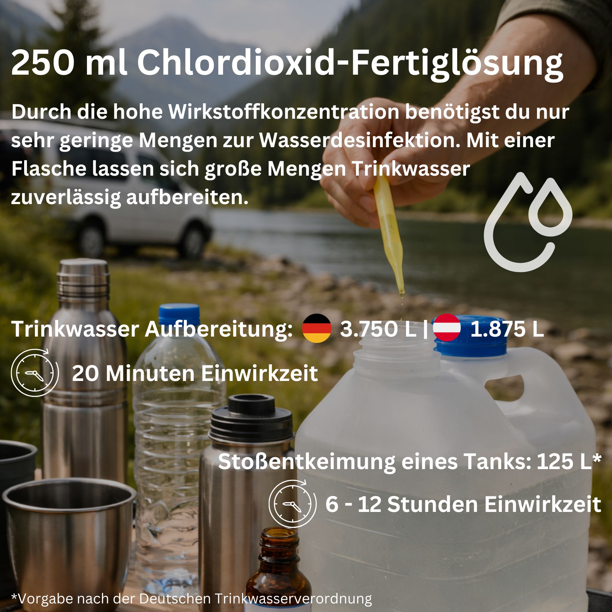 Mehrere Flaschen und Behälter stehen auf einem Tisch. Eine Person gießt Flüssigkeit aus einer Flasche. Text: 250 ml Chlordioxid-Fertiglösung.