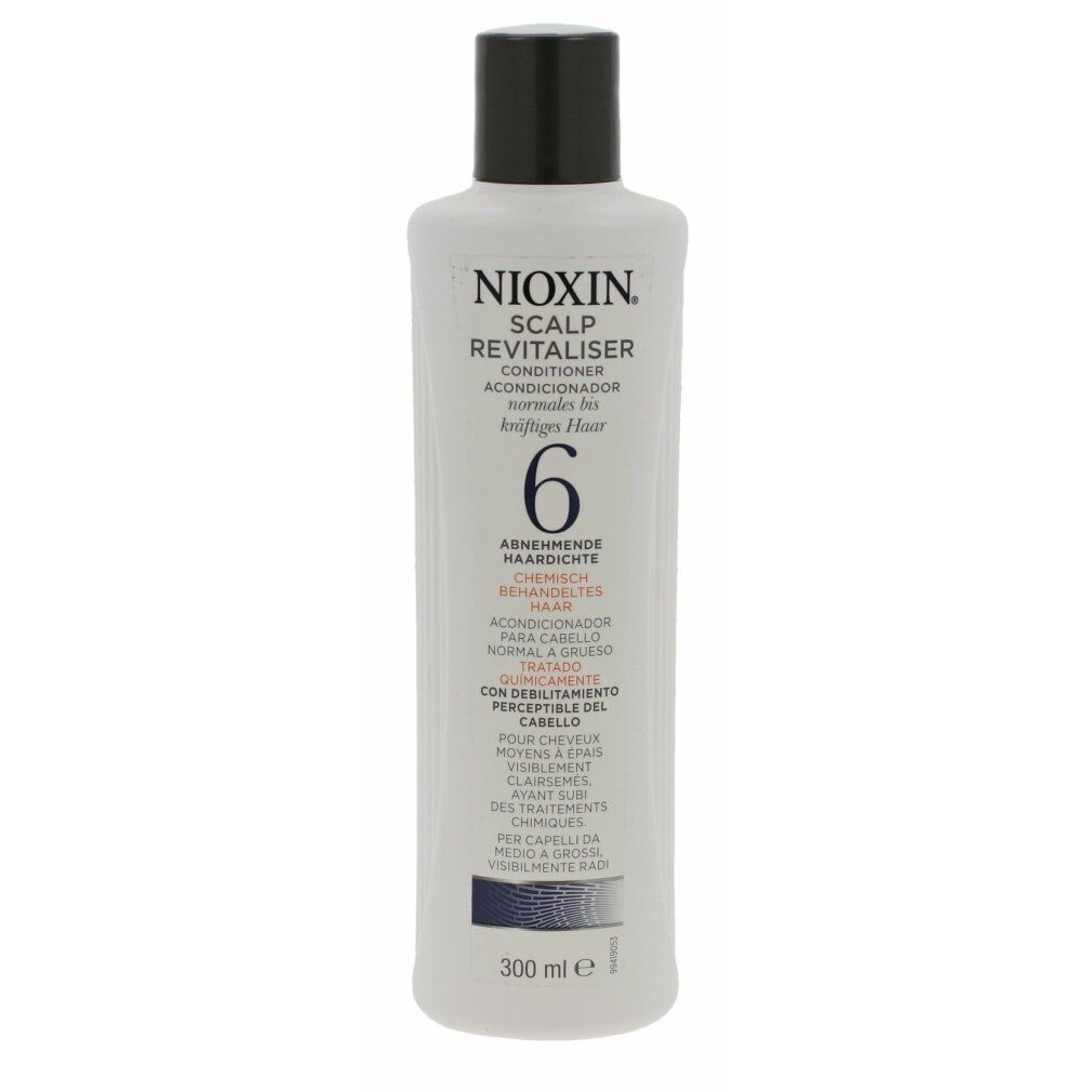 Flasche mit Nioxin Scalp Revitaliser. Weißes Etikett mit schwarzem Deckel. Text: 6, für chemisch behandeltes Haar. 300 ml.