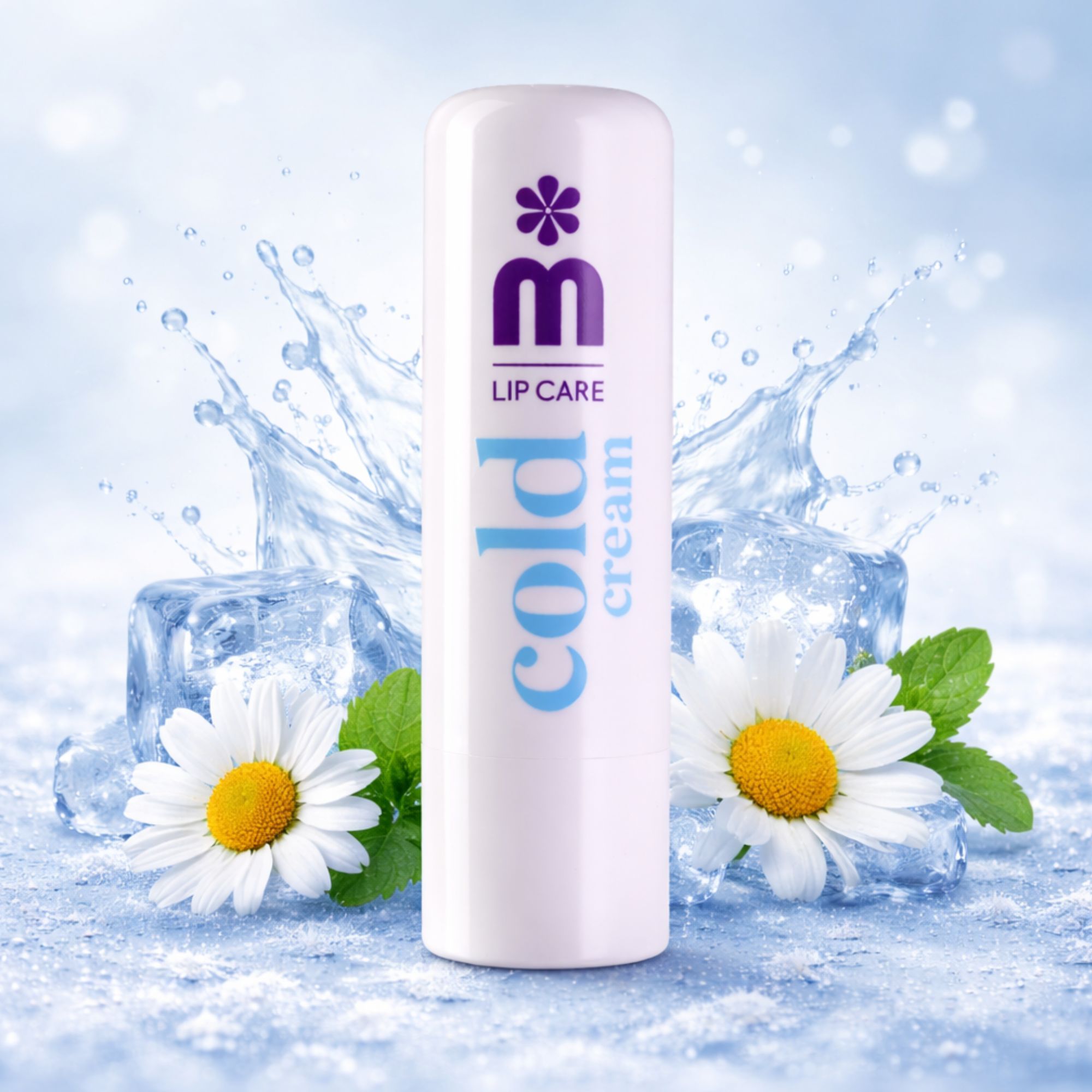 Weißer Lippenbalsam-Stift mit Eiswürfeln, Gänseblümchen und Wasserspritzern.
