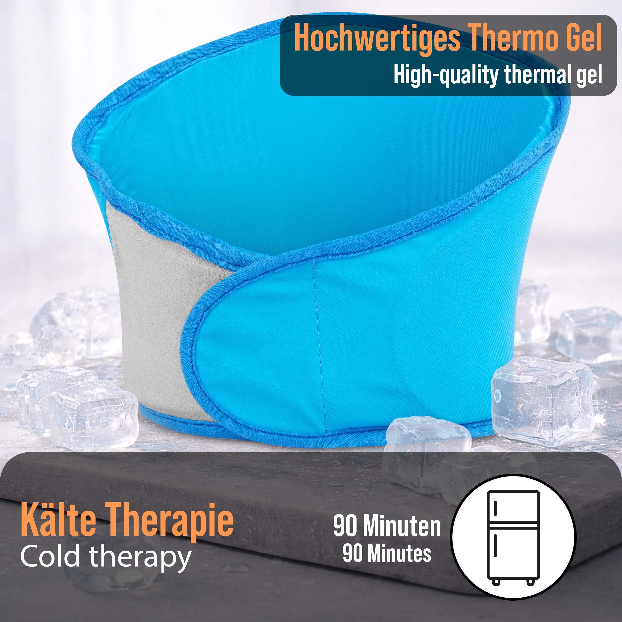 Blaues Nackenkissen mit hochwertigem Thermogel. Text: Kältetherapie, 90 Minuten. Kühlschrank-Symbol.
