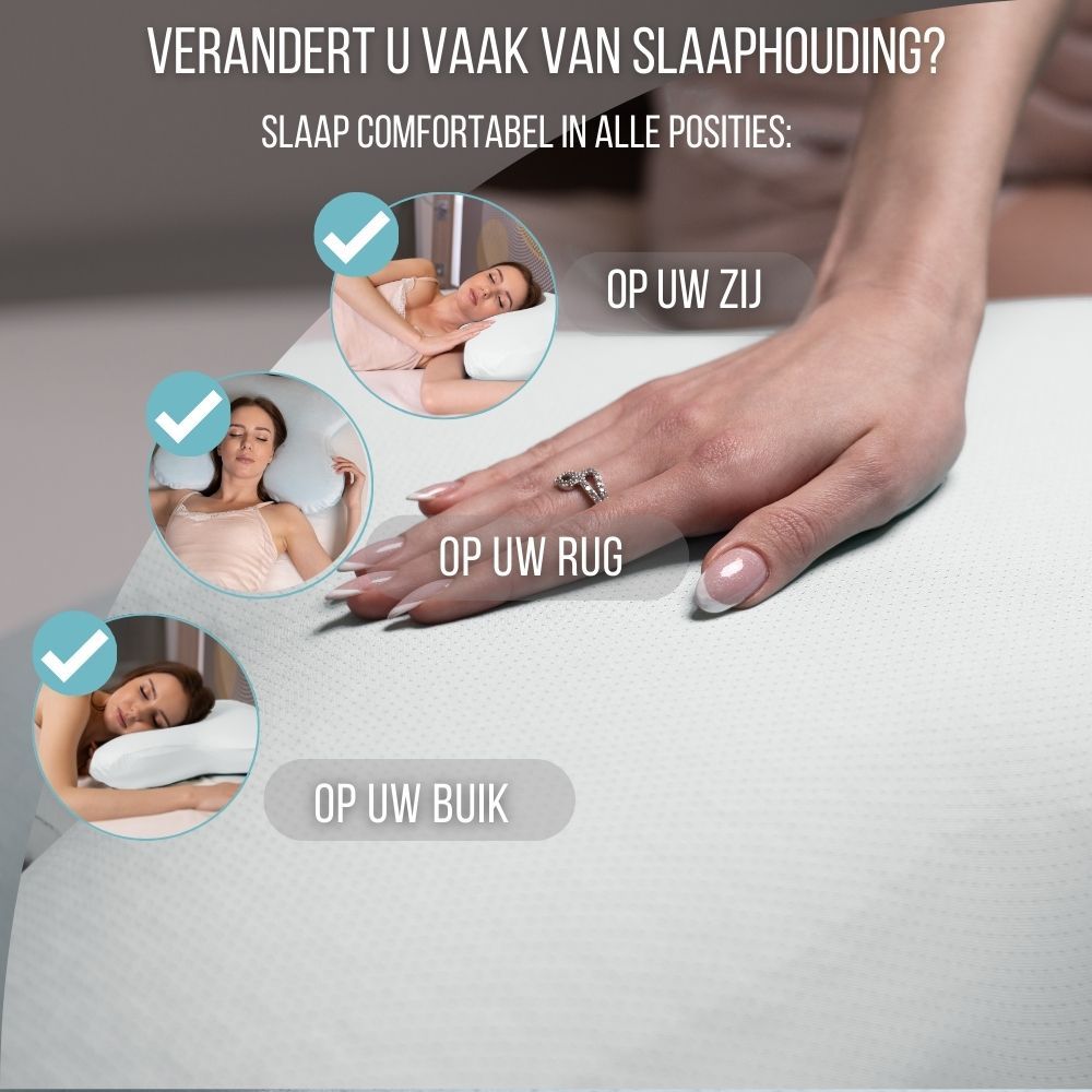 Wit kussen. Hand toont slaapposities: zij, rug, buik. Tekst: Slaapposities.