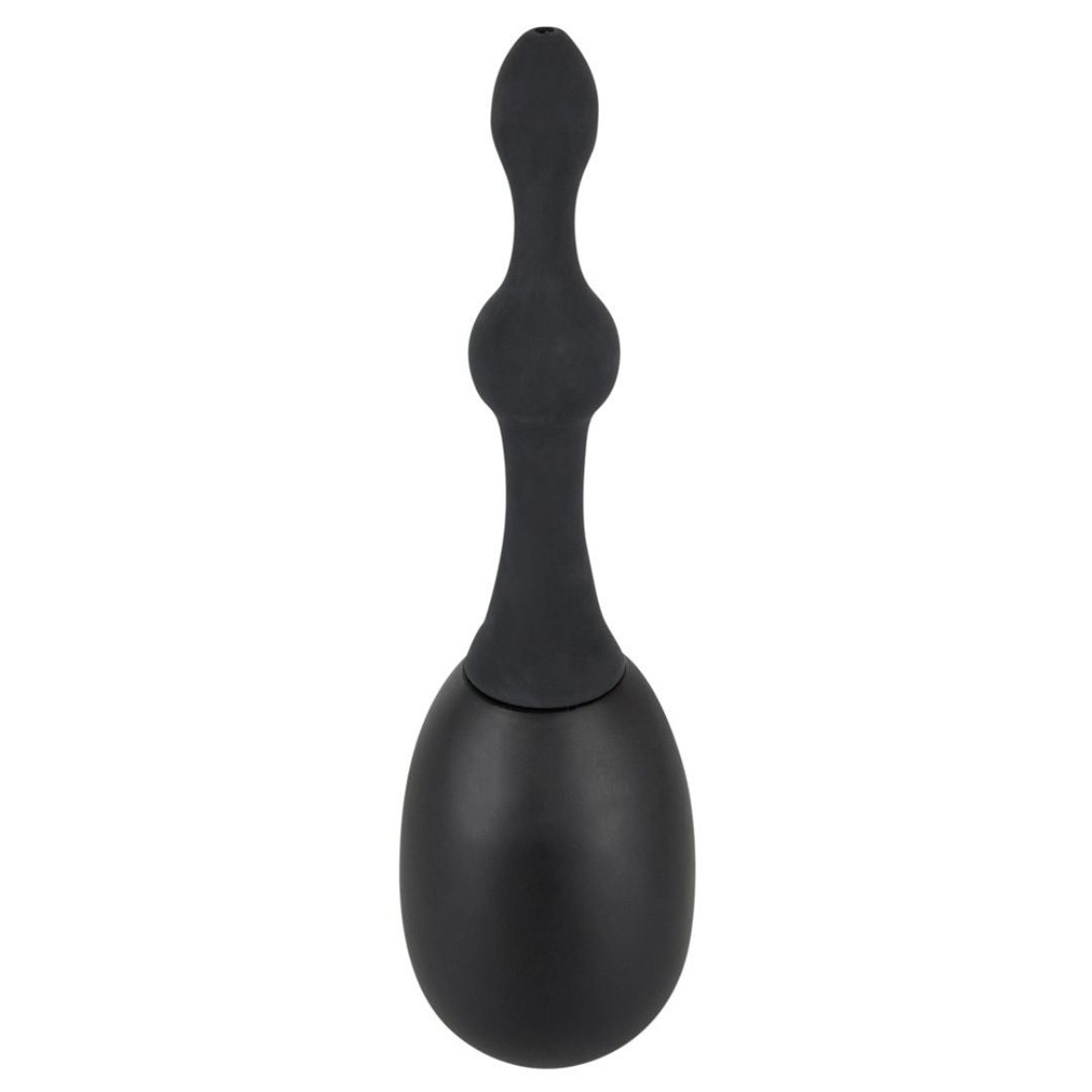 Schwarze Analdusche mit stimulierenden Kugeln. Ovale Form mit langem, geschwungenem Griff.