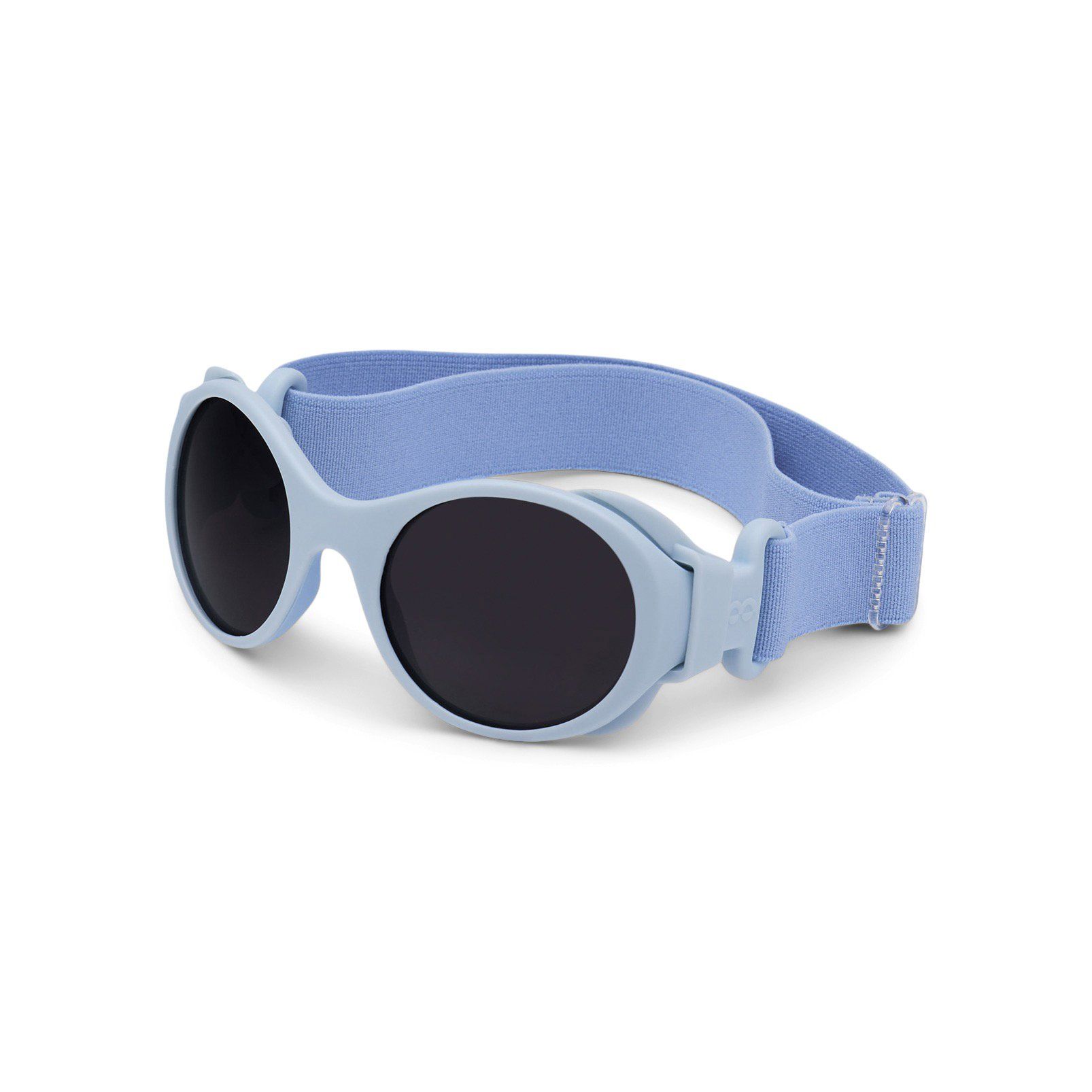 Hellblaue Sonnenbrille mit Brillenband. Runde Gläser, dunkle Tönung. Flexibler Rahmen.