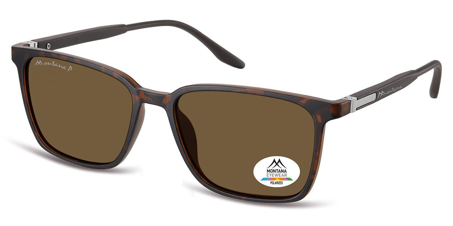 Sonnenbrille mit braunen Gläsern und braunem Rahmen. Auf dem rechten Glas befindet sich ein Aufkleber mit Logo und der Aufschrift 'Polarized'.