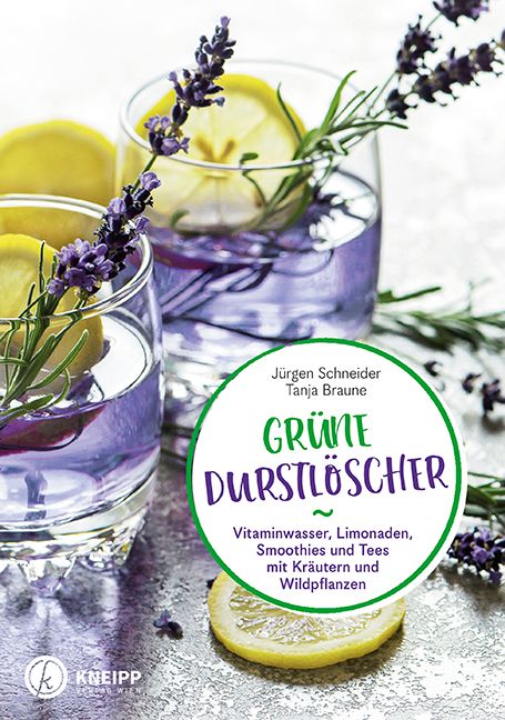 Buchcover mit dem Titel "Grüne Durstlöscher". Gläser mit lila Flüssigkeit, Zitronen und Kräutern. Kneipp-Logo.