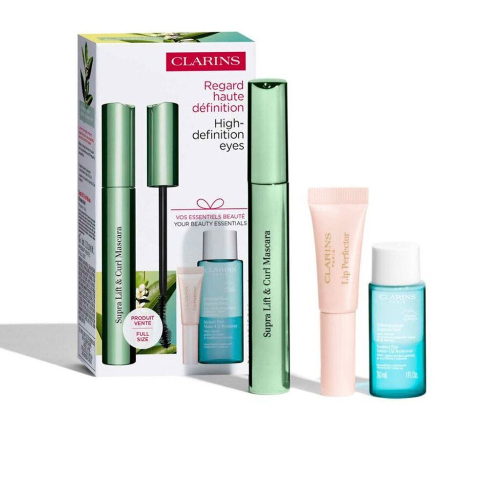 Geschenkset mit Mascara, Augen-Make-up-Entferner und Lippen-Perfektor. Grüne Mascara-Tuben und Verpackung mit Markennamen.