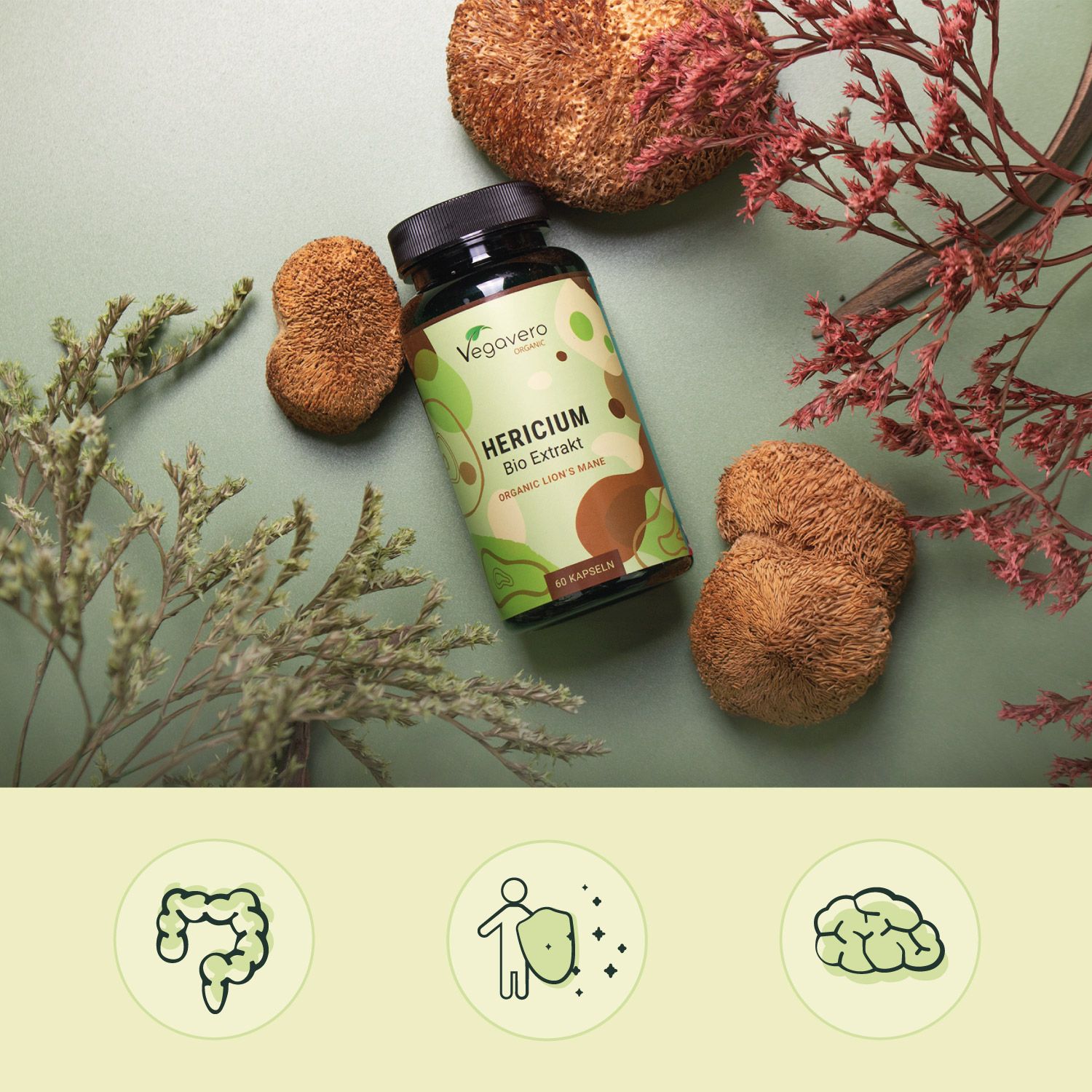 Immagine del prodotto: flacone di capsule Hericium Bio Extrakt. Informazioni aggiuntive: qualità biologica, vegano, senza additivi.