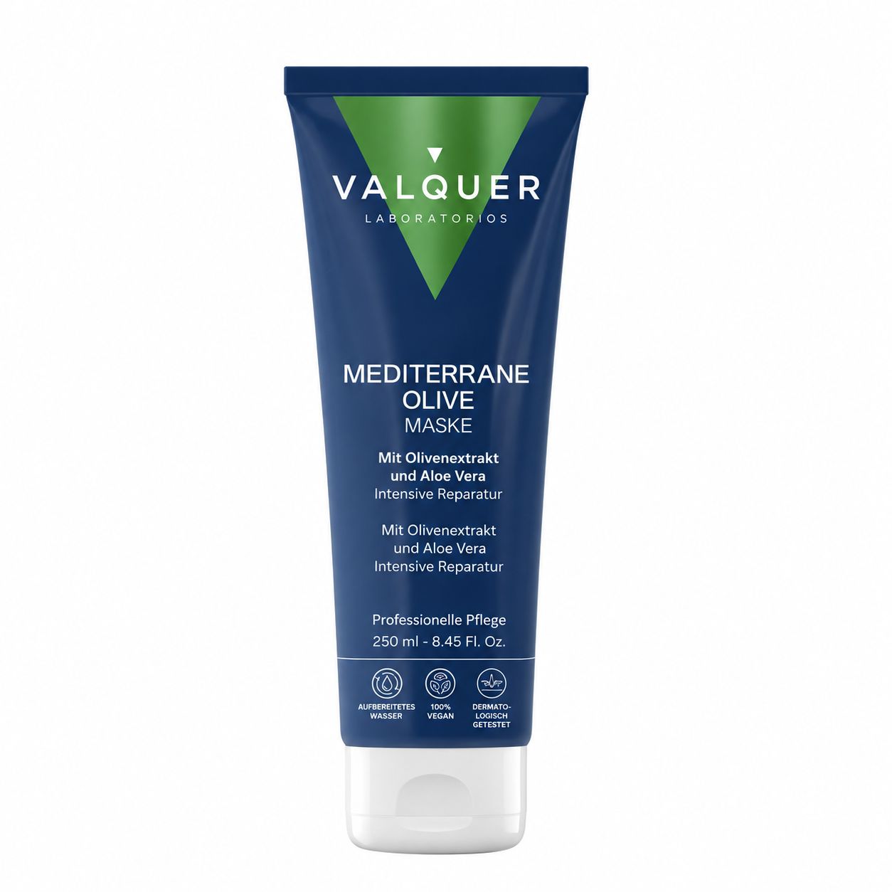 Dunkelblaue Tube mit Valquer Mediterrane Olive Maske, 250ml.
