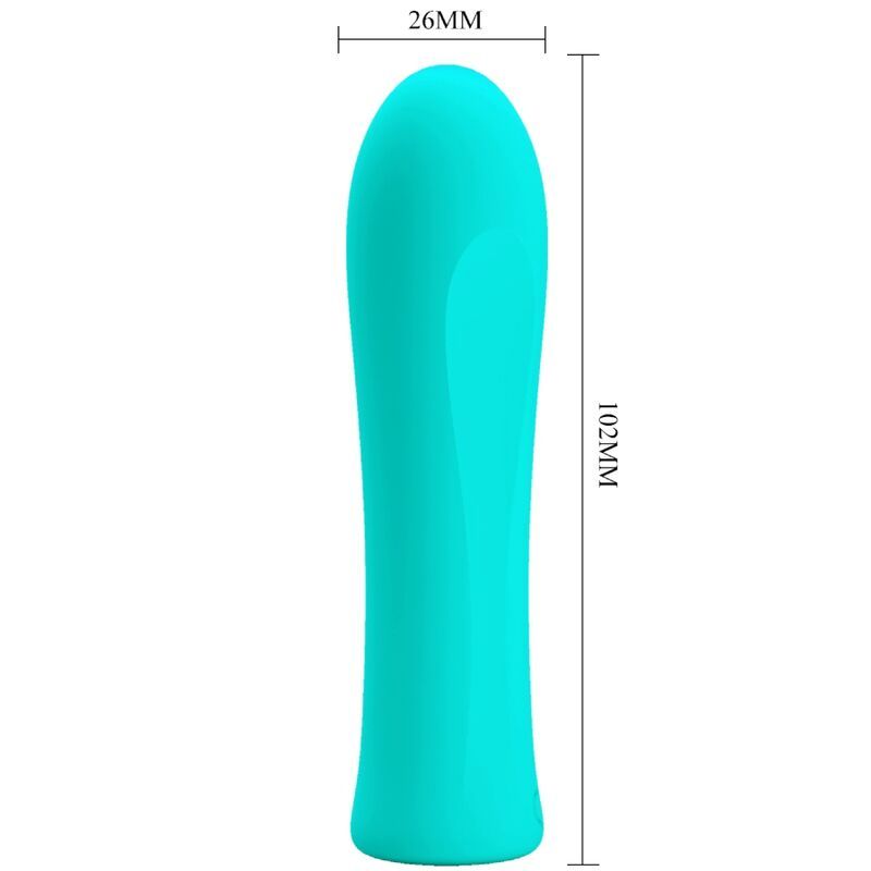 Türkisfarbener Vibrator mit abgerundeter Spitze. Zylindrische Form. Maße: 26x102mm.