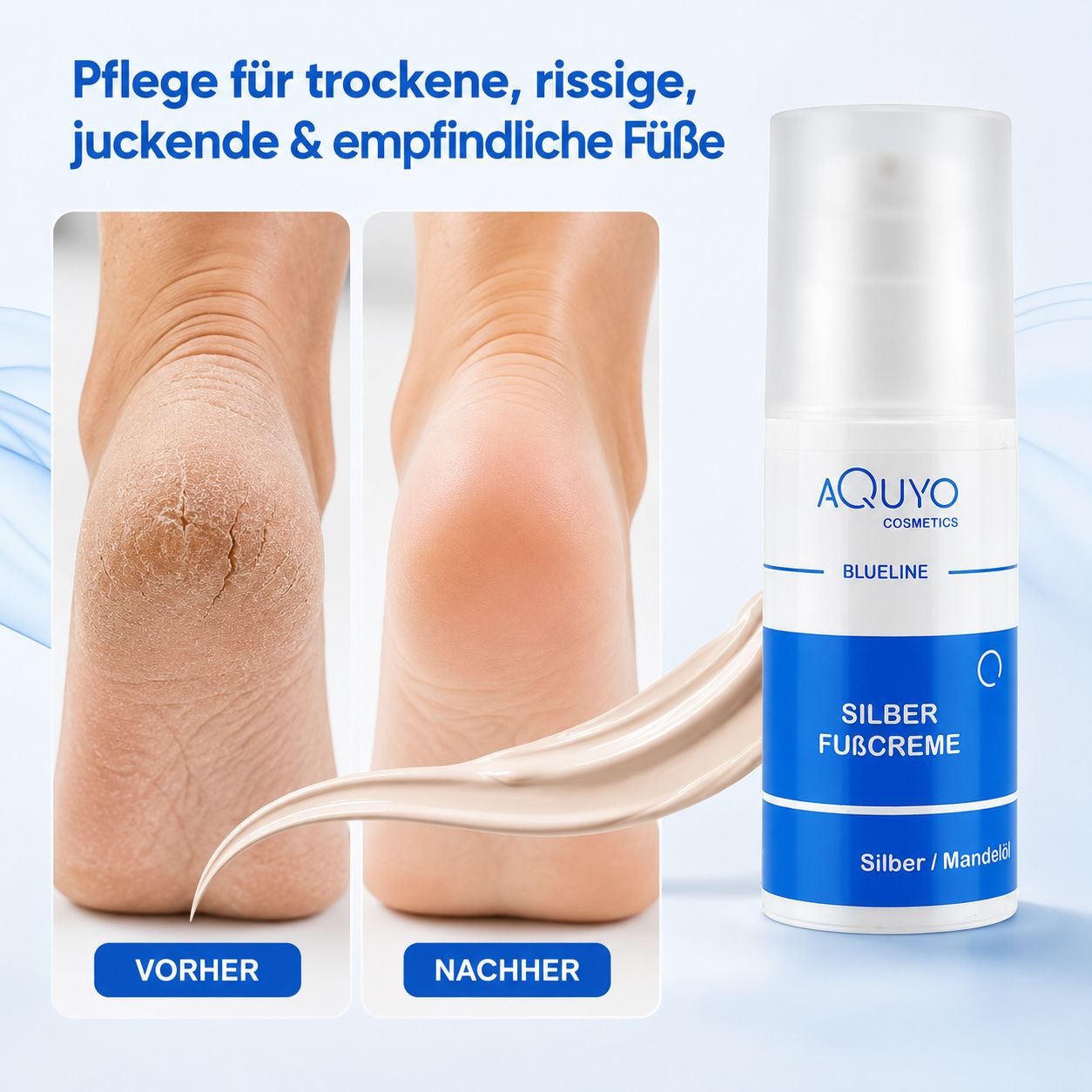 Fußcreme-Vergleich: Vorher-Nachher-Ansicht. Gezeigt werden trockene, rissige Fersen. Daneben die Creme und ein Klecks Creme.