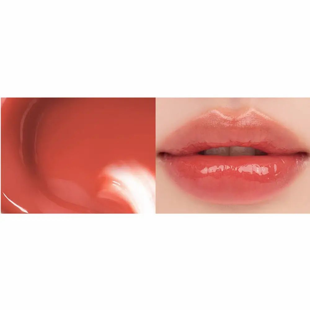 Nahaufnahme von Lippen mit Lipgloss. Daneben eine Texturprobe des Lipglosses in Orange.