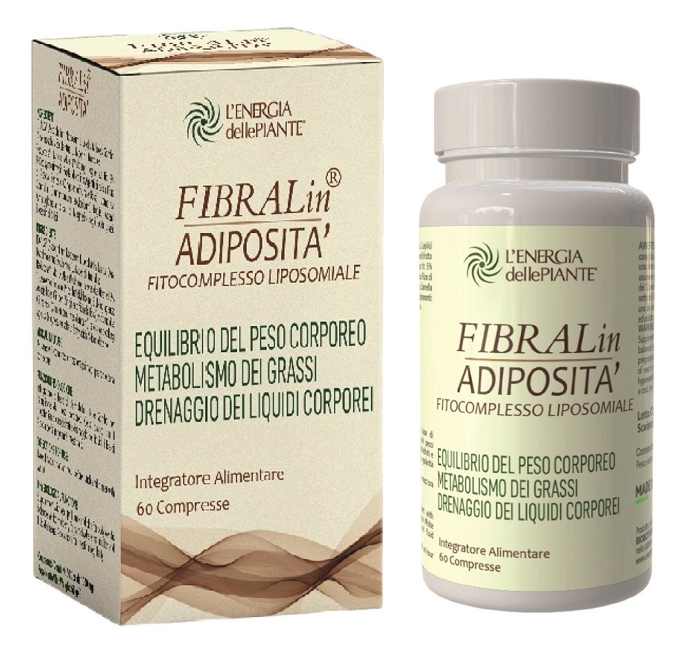 Scatola e flacone FIBRALin ADIPOSITA'. Testo: Equilibrio del peso corporeo, metabolismo dei grassi, drenaggio dei liquidi corporei. Integratore alimentare.