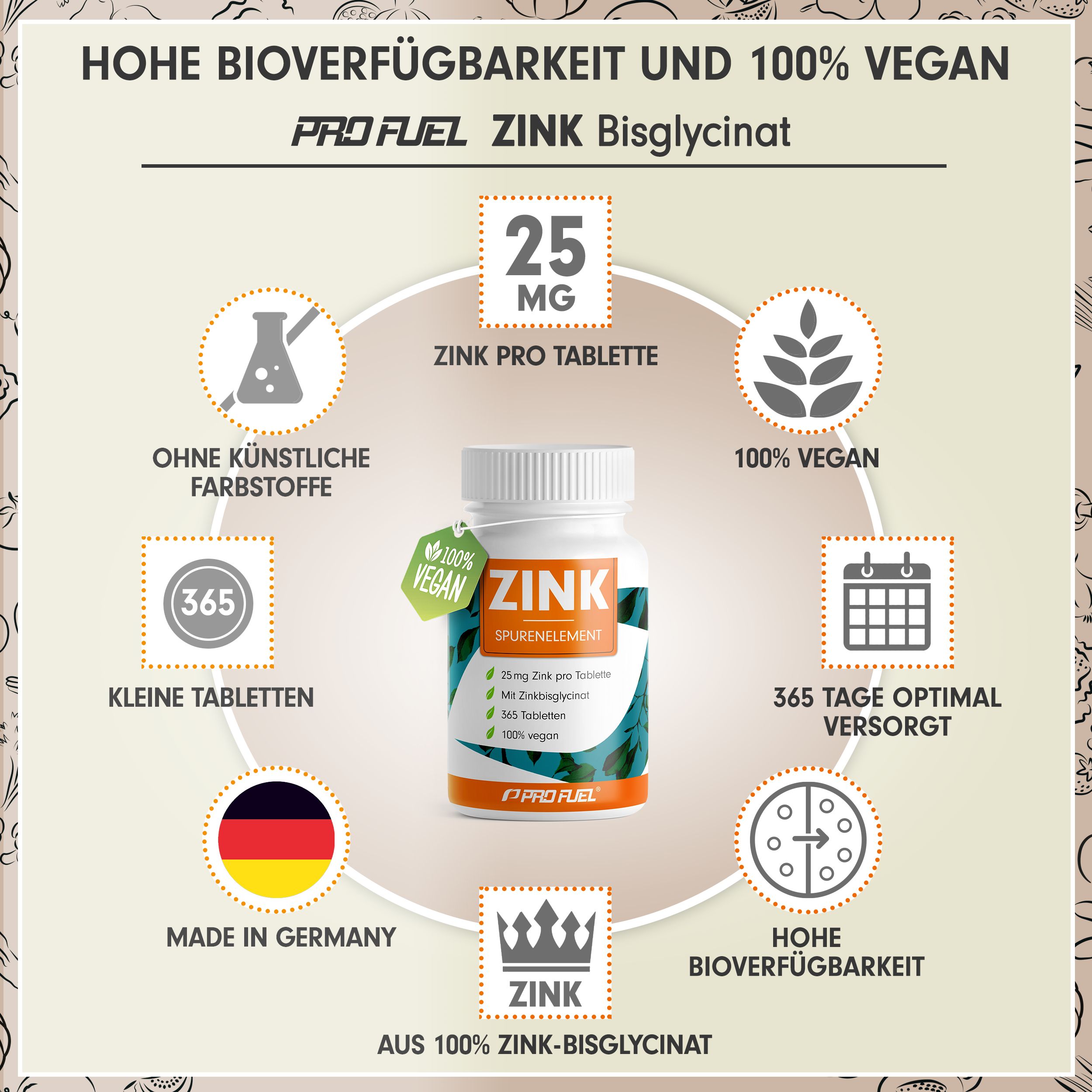 ProFuel - Zink 25 mg | 365 Tabletten | Zinkbisglycinat für hohe Bioverfügbarkeit | Jahresvorrat