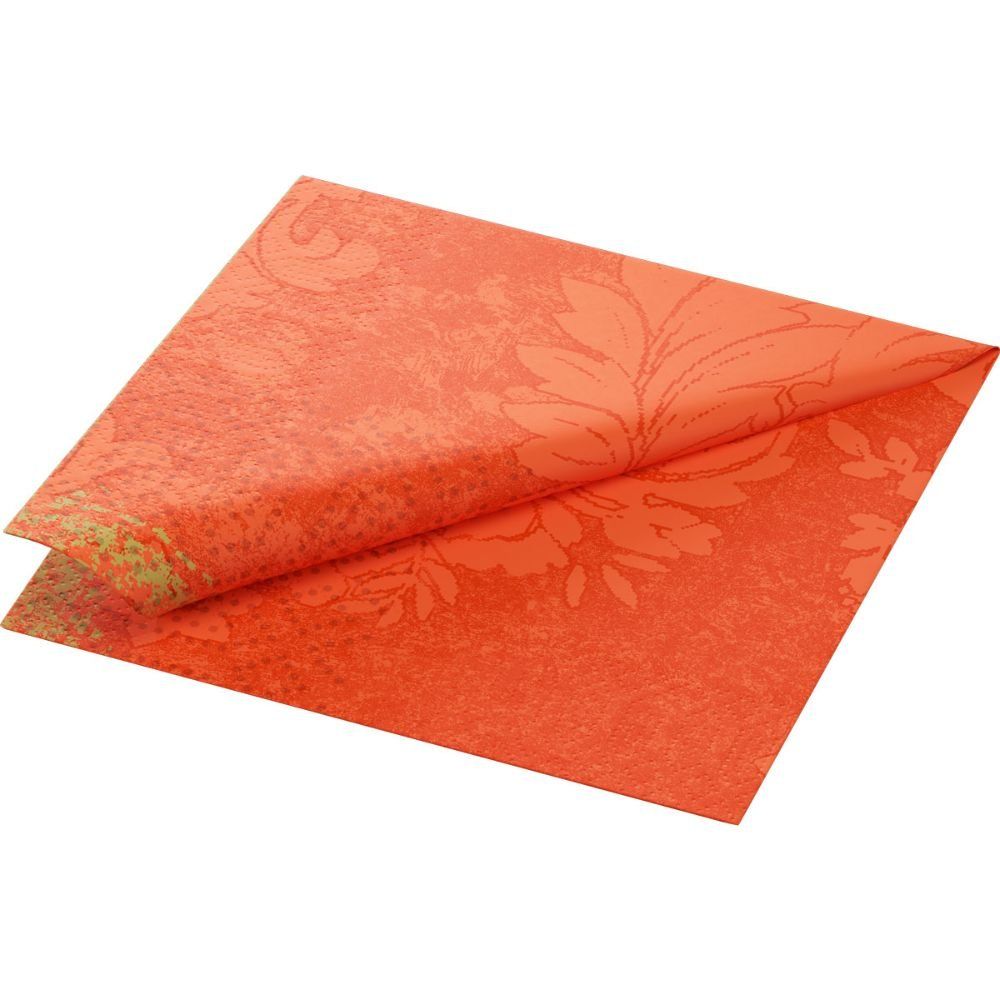 Orangefarbene Papierservietten mit floralem Muster. Zwei Servietten sind teilweise sichtbar. Quadratische Form.