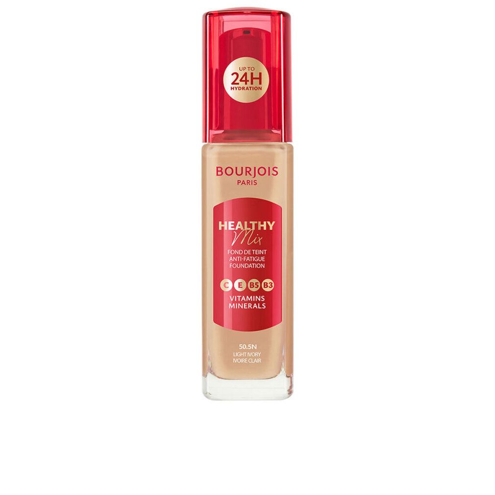 Make-upbasis von Bourjois. Flasche mit rotem Deckel. Aufschrift: Healthy Mix, Anti-Fatigue Foundation, Vitamine, Mineralien.