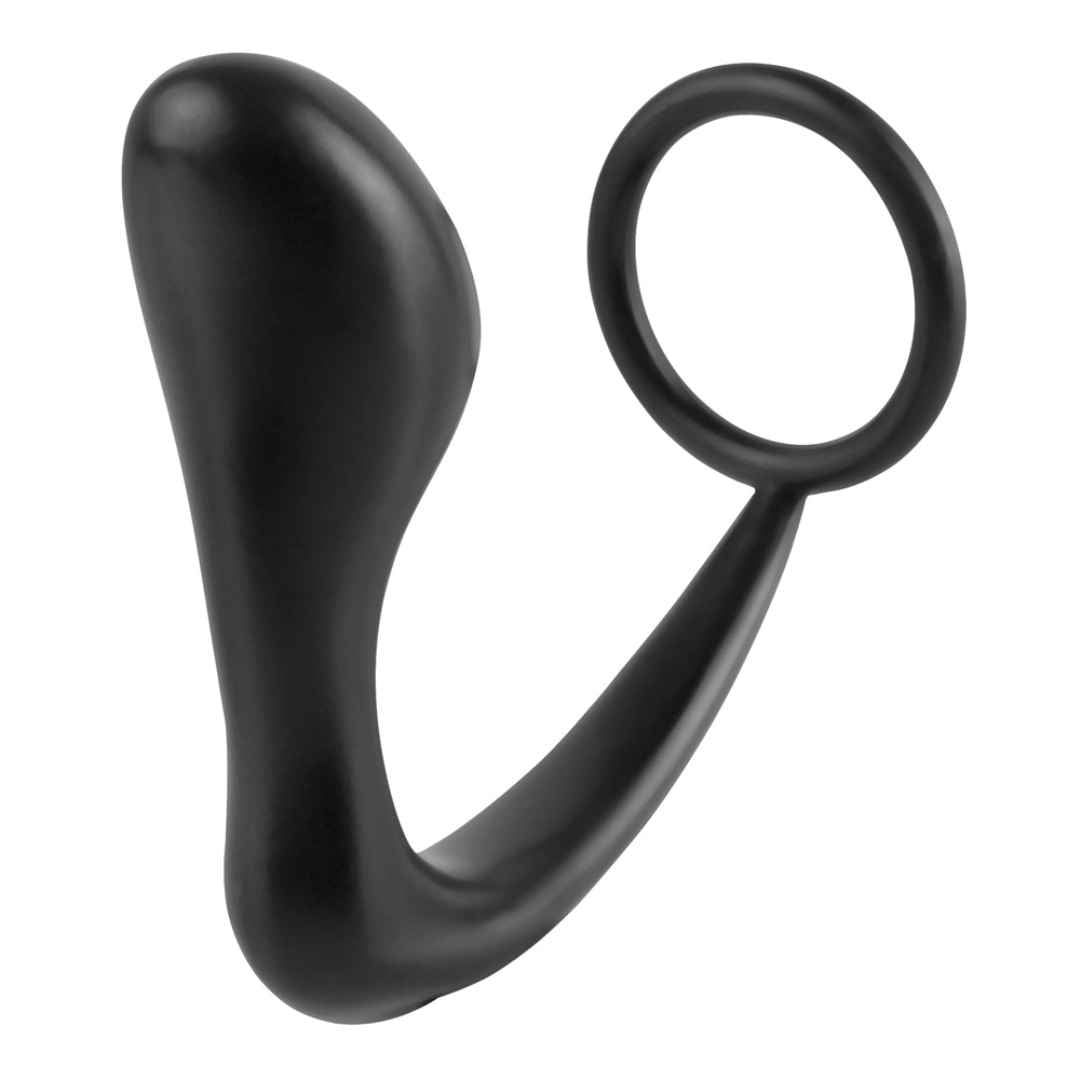 Schwarzer Analplug mit Penisring. U-förmig, mit Ring. Aus glattem Material.