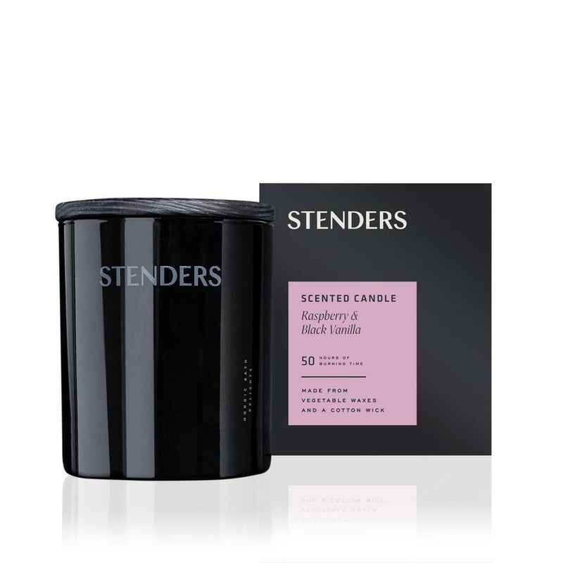 Schwarze Duftkerze mit Holzdeckel und Verpackung. Aufschrift: STENDERS, Scented Candle Raspberry & Black Vanilla.
