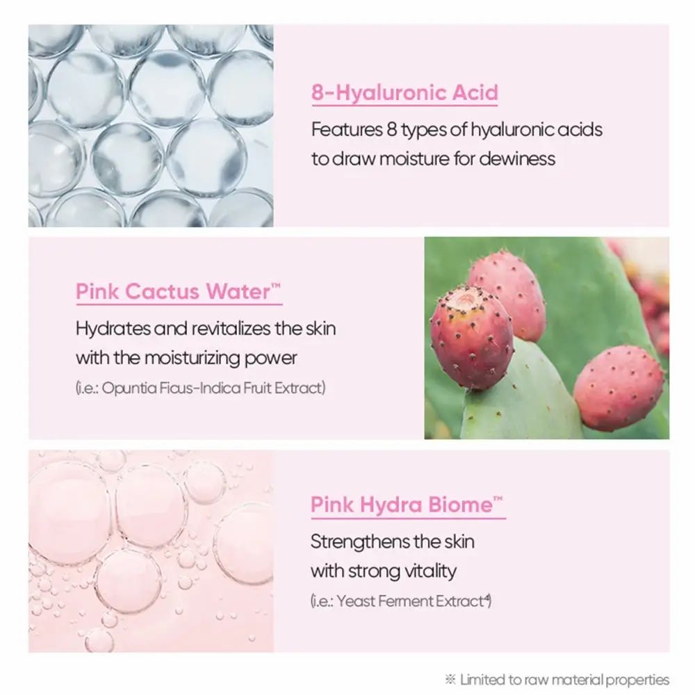 Drei Textblöcke mit Informationen. 8-Hyaluronsäure, Pink Cactus Water, Pink Hydra Biome. Bilder von Inhaltsstoffen.