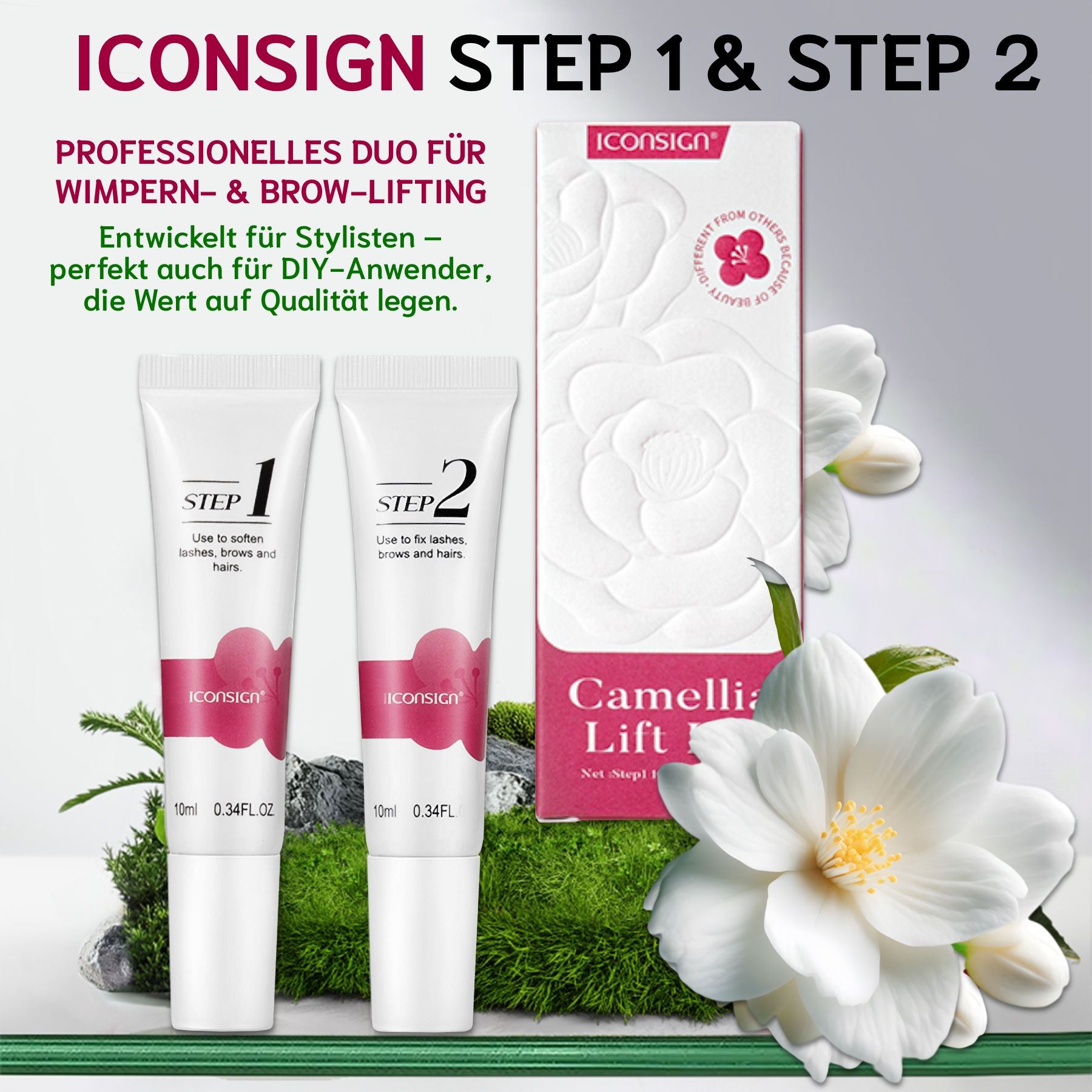 Zwei Tuben und eine Verpackung. Aufschrift: Iconsign, Step 1 & 2. Für Wimpern- & Brow-Lifting.