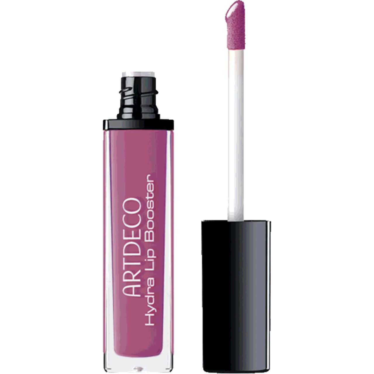 Lipgloss-Flakon mit geöffnetem Deckel und Applikator. Der Applikator ist mit Lipgloss bedeckt. Auf dem Flakon steht "ARTDECO Hydra Lip Booster".