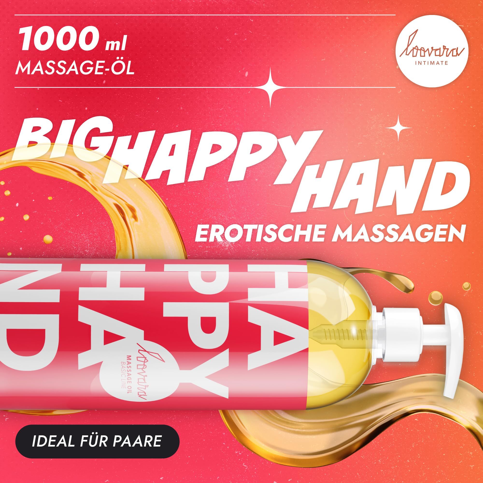 Flasche Massageöl mit Aufschrift "Happy Hand". "Perfekt fürs Vorspiel".