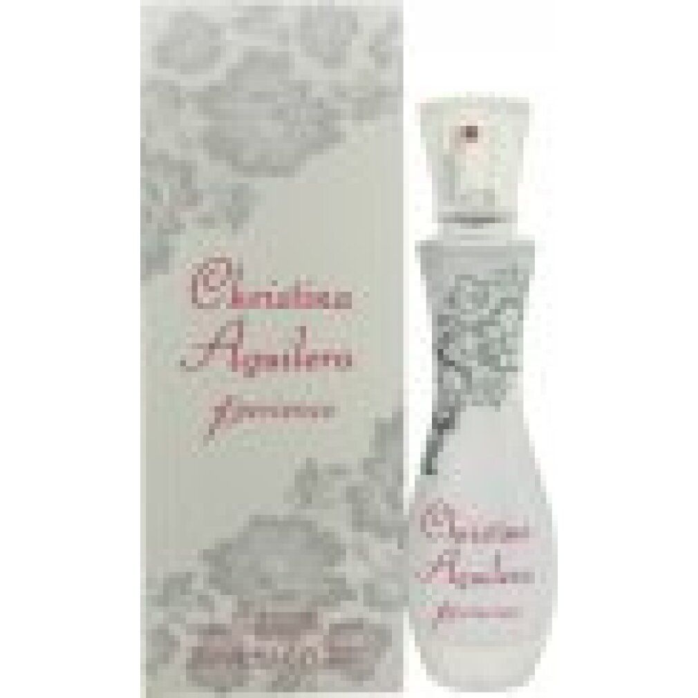 Parfümflasche und Verpackung. Flasche mit floralem Muster und Schriftzug. Verpackung mit floralem Muster und Schriftzug: Christina Aguilera Xperience.
