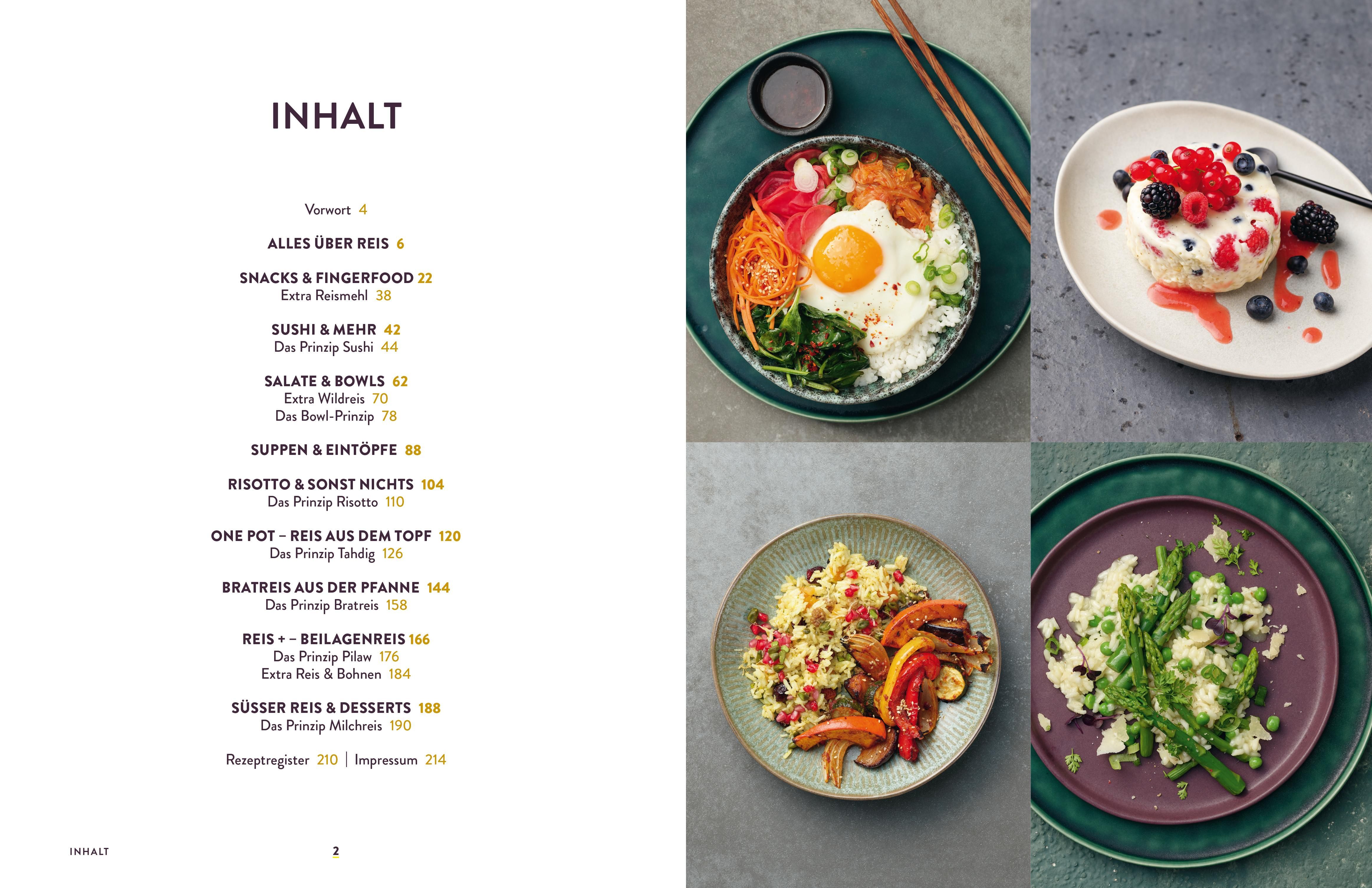 Buch "REIS" mit Inhaltsverzeichnis und Rezeptbildern. Verschiedene Gerichte mit Reis. Gelber Einband.