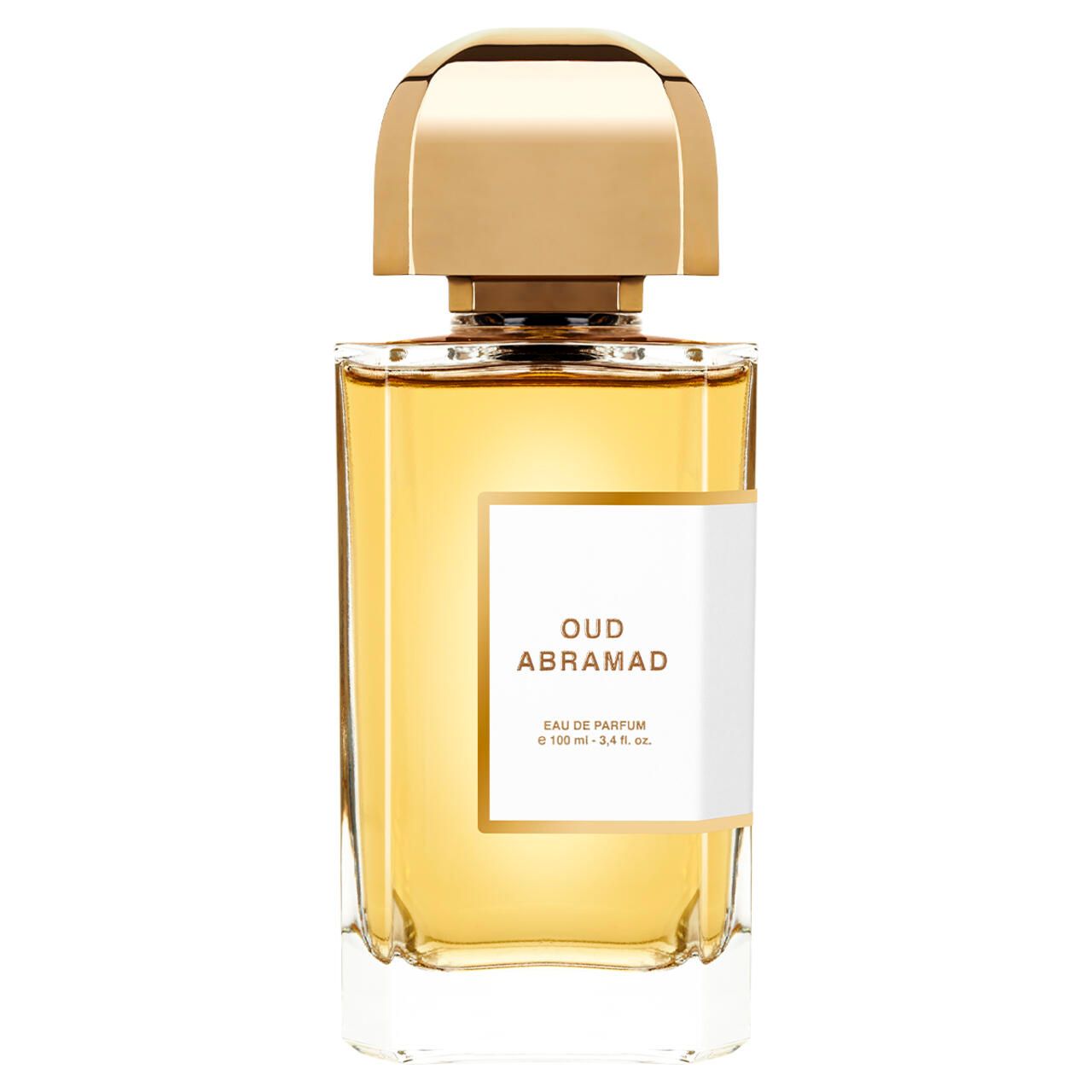 Parfümflakon mit goldfarbenem Verschluss und weißem Etikett "Oud Abramad".