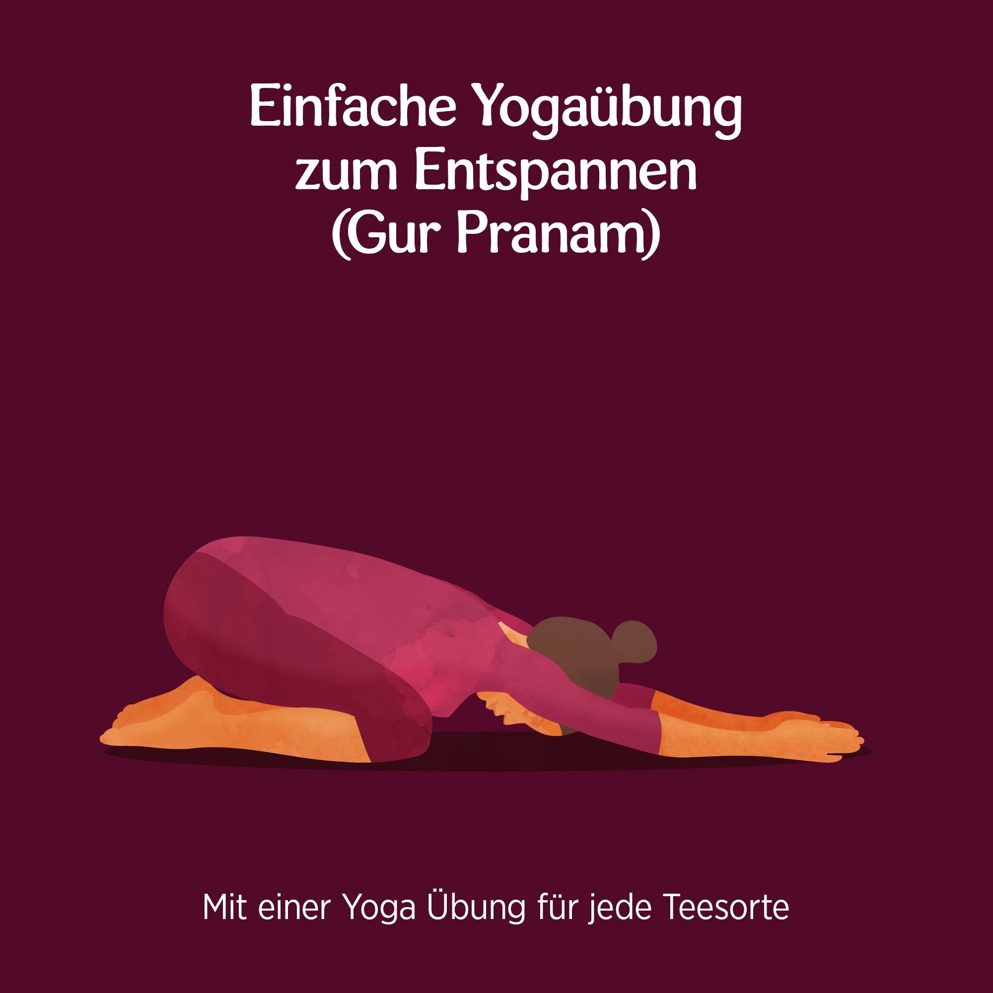 Illustration einer Yoga-Übung. Person in roter Kleidung, in der Kind-Pose. Text: Einfache Yogaübung zum Entspannen.