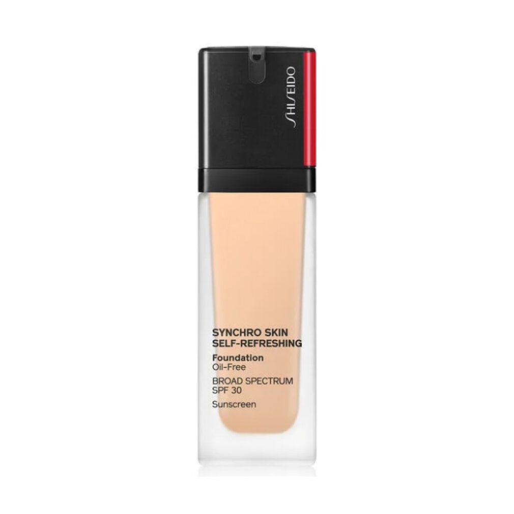 Flakon mit Foundation. Schwarzer Deckel, roter Streifen. Text: Synchro Skin Self-Refreshing, Oil-Free, SPF 30, Sunscreen. Marke: Shiseido.