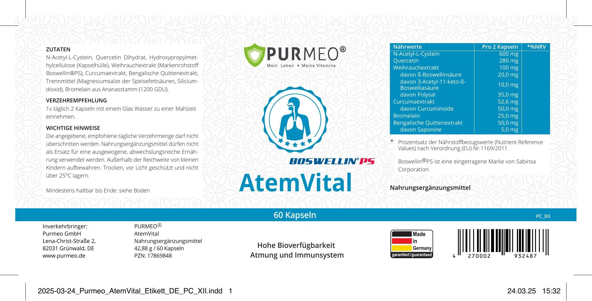 Etikett mit Logo, Produktname 'AtemVital' und Inhaltsstoffen. Enthält Informationen zu Dosierung und Hersteller.