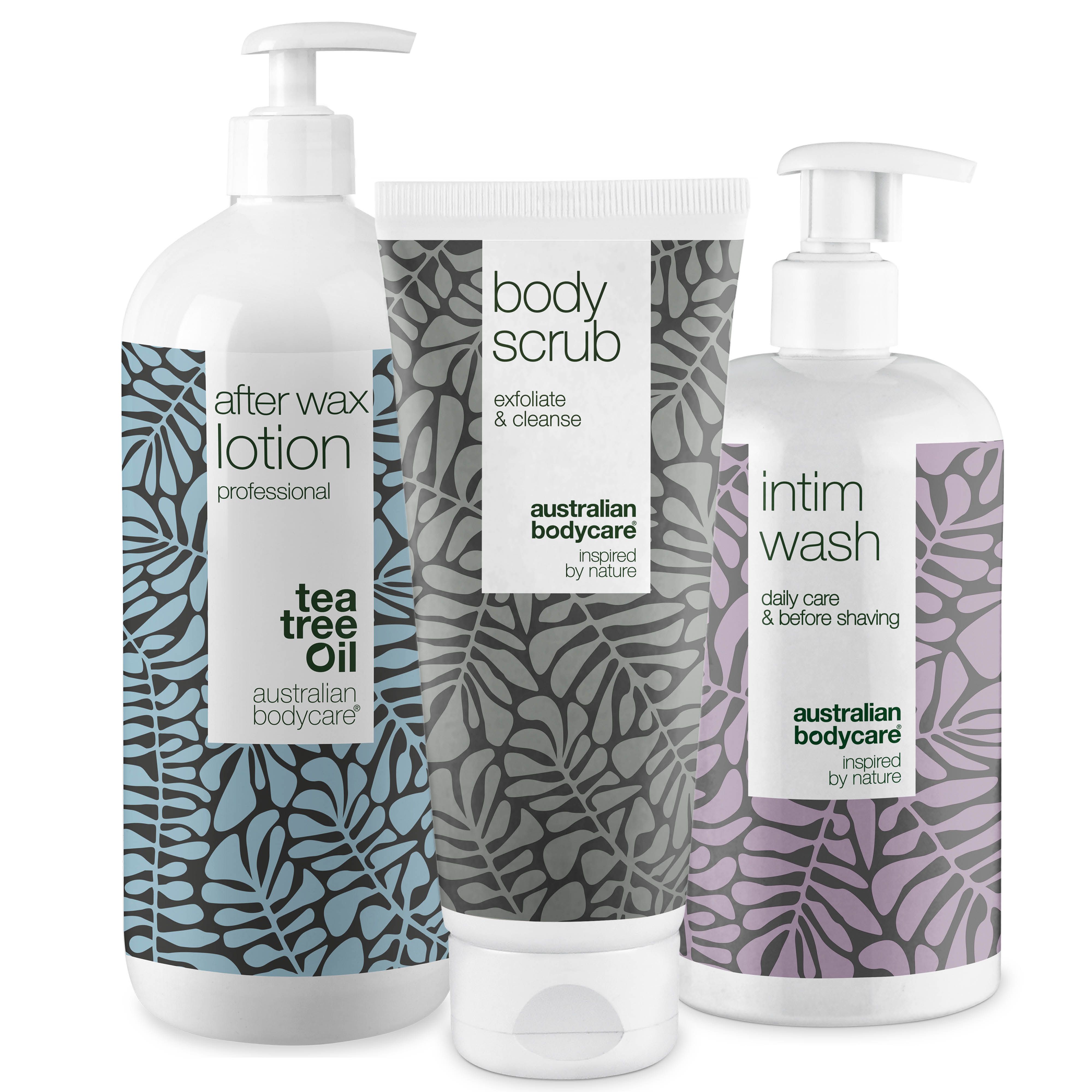Drie producten: After Wax Lotion, Body Scrub en Intim Wash. Witte flessen en tube met bloemmotief.