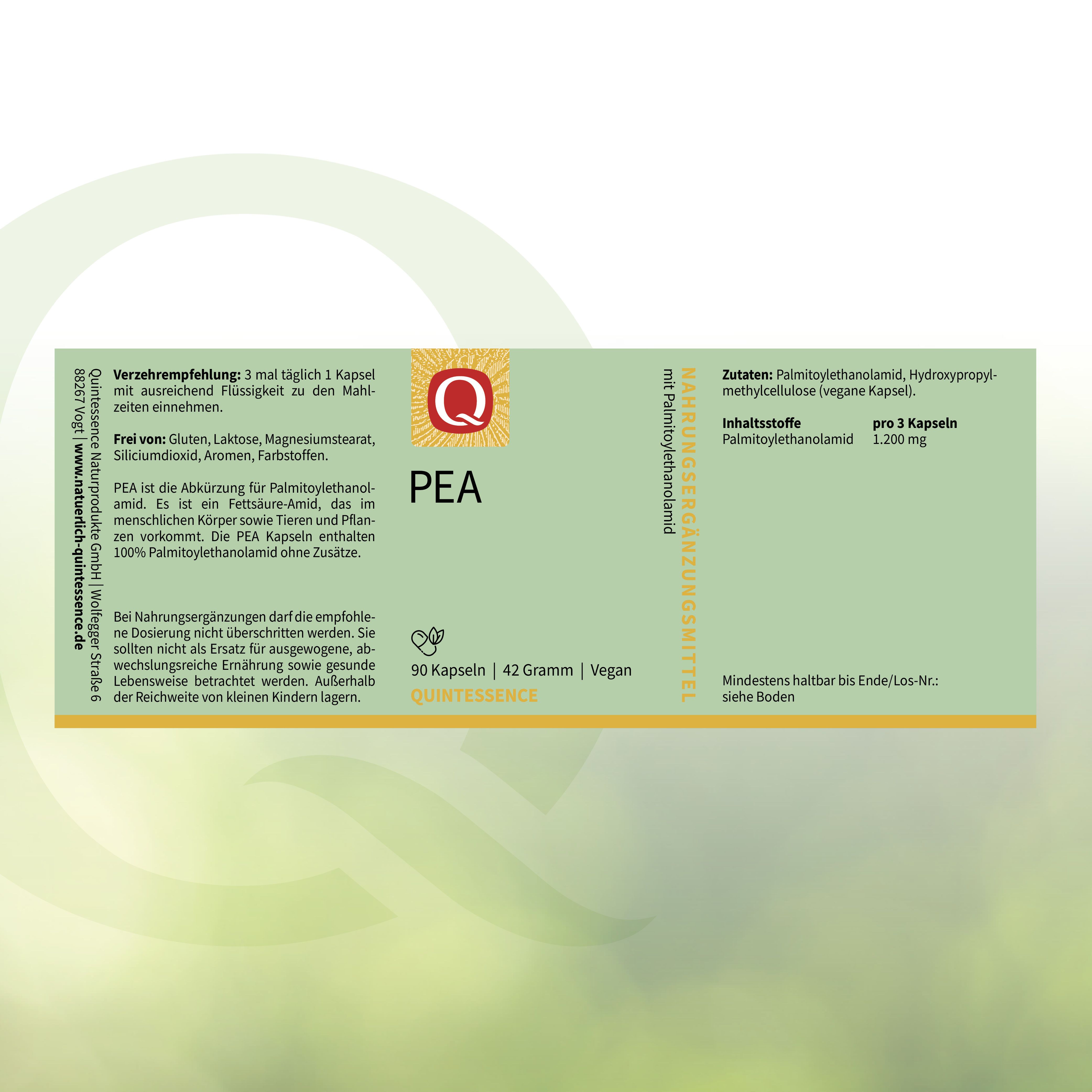 Produktverpackung mit Aufschrift PEA, 90 Kapseln, 42 Gramm, Vegan. Logo: Q. Inhaltsstoffe und Verzehrempfehlung.