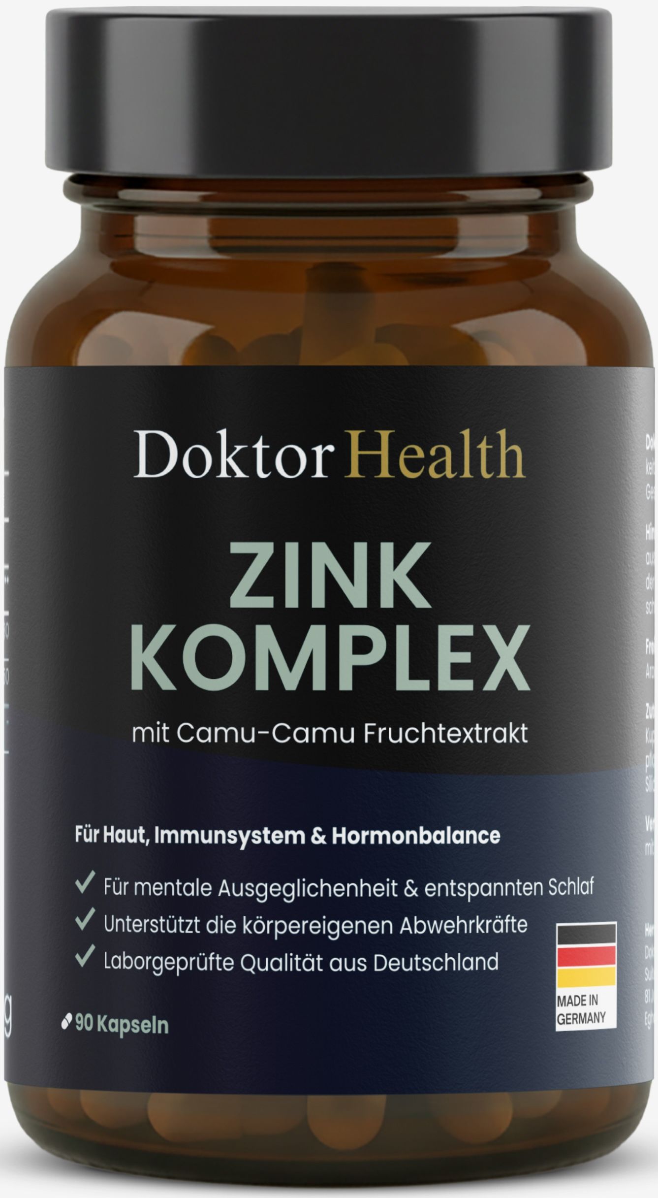Braune Glasflasche mit schwarzen Deckel. Aufschrift: Doktor Health Zink Komplex. 90 Kapseln. Text: Für Haut, Immunsystem & Hormonbalance.