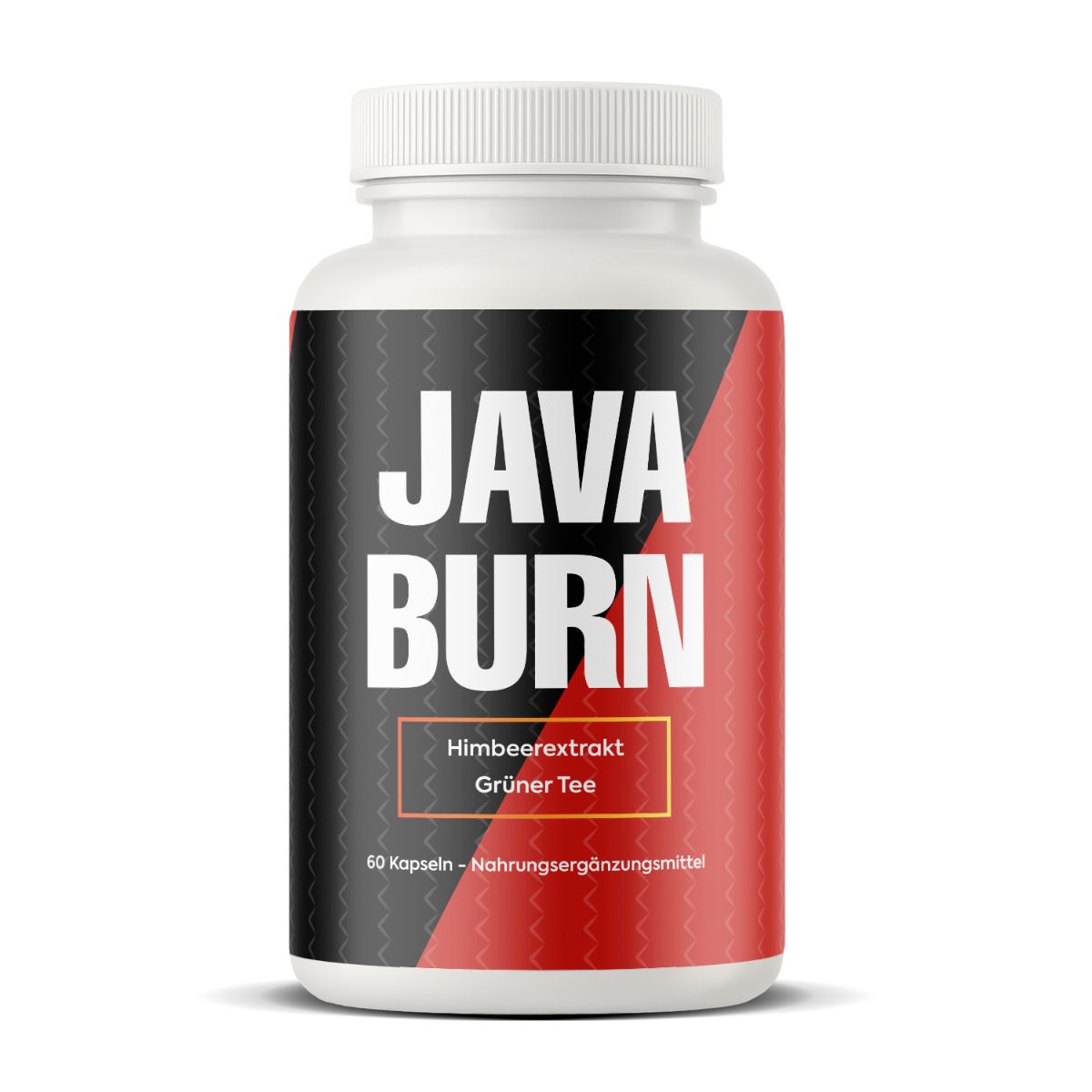 Weiße Flasche mit schwarzem und rotem Etikett. Aufschrift: JAVA BURN, Himbeerextrakt, Grüner Tee. 60 Kapseln.