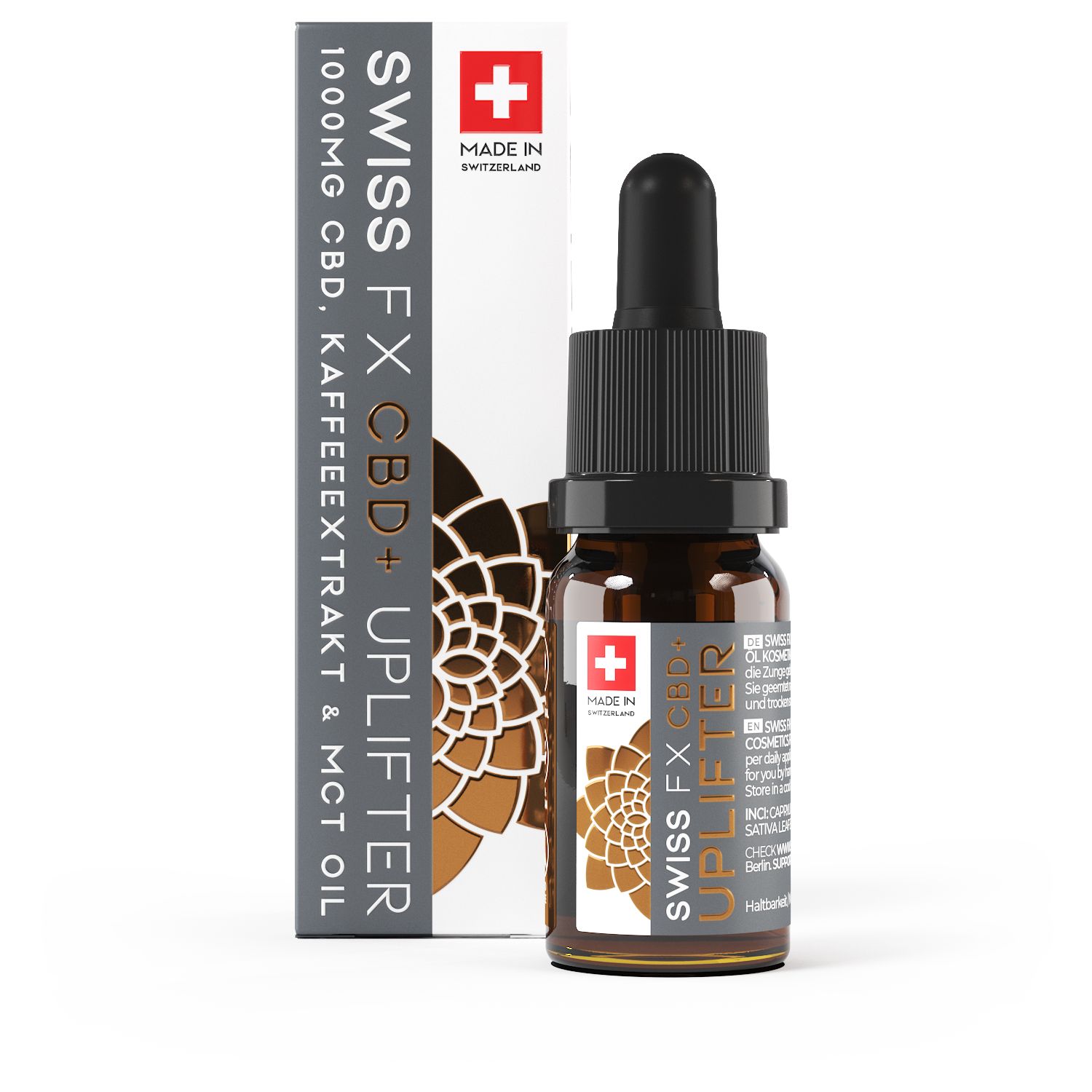 Braunglasflasche mit Tropfer und Verpackung. Aufschrift: SWISS FX CBD+ UPLIFTER, 1000mg CBD. Schweizer Kreuz.
