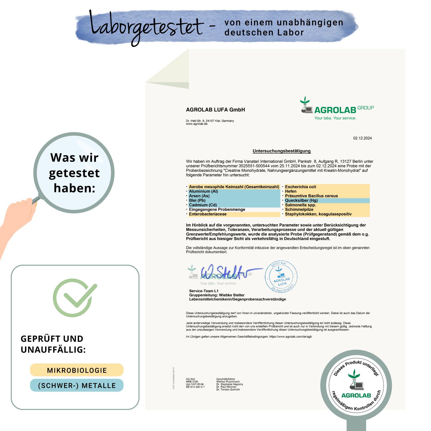 Laborbericht von AGROLAB LUFA GmbH. Analyse von VEGAVERO Creatin Monohydrat. Ergebnisse, Prüfsiegel.