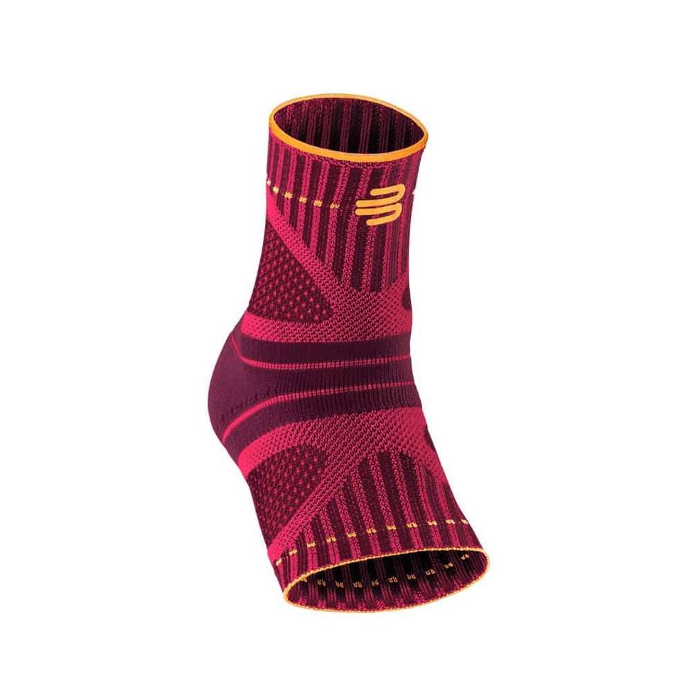 Bauerfeind Sports Ankle Support Sprunggelenkbandage in Weinrot mit gelben Akzenten und Logo.