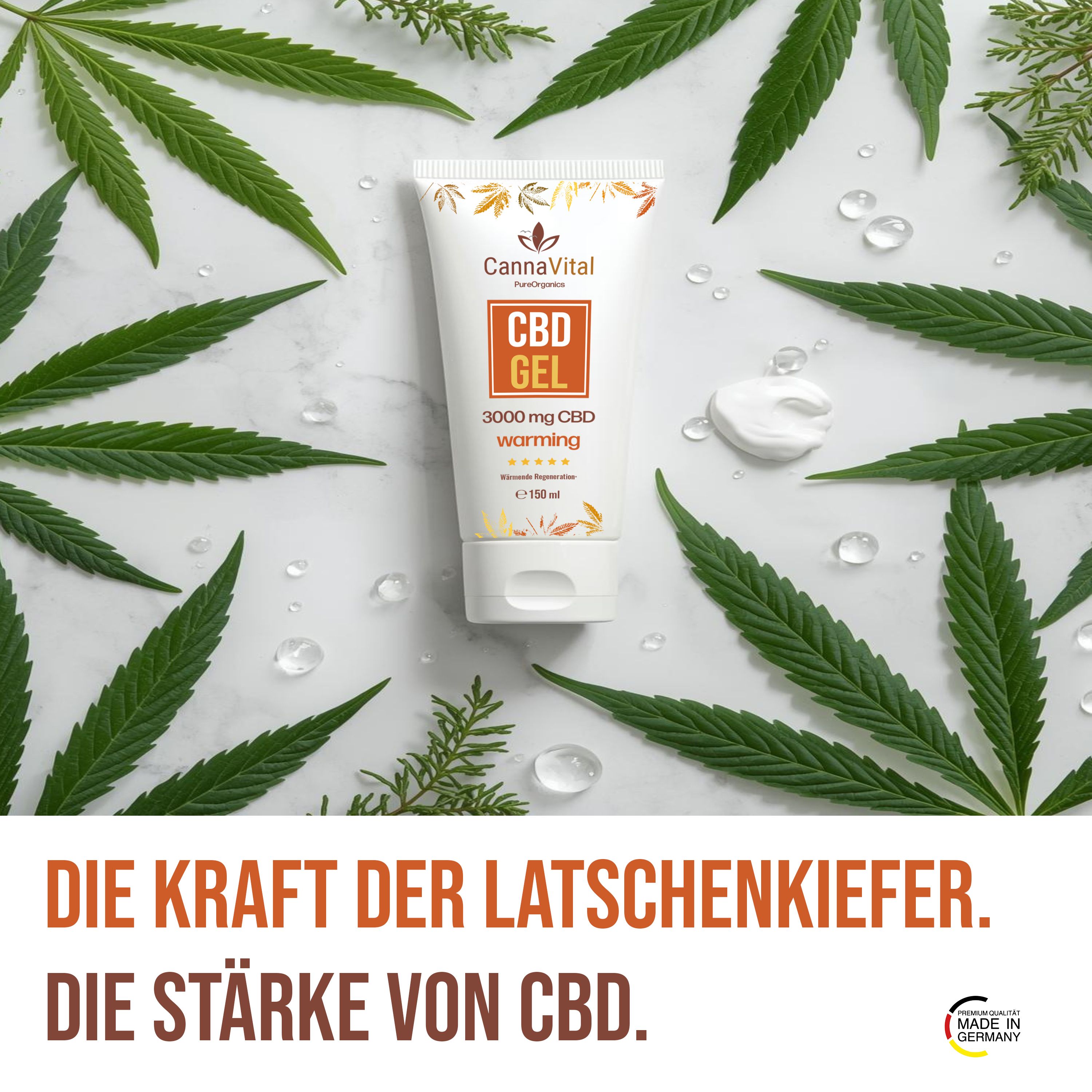 Weißes Gel-Tuben-Produkt mit orangefarbenem Etikett. Text: CBD GEL, 3000 mg CBD warming. Umgeben von grünen Blättern.