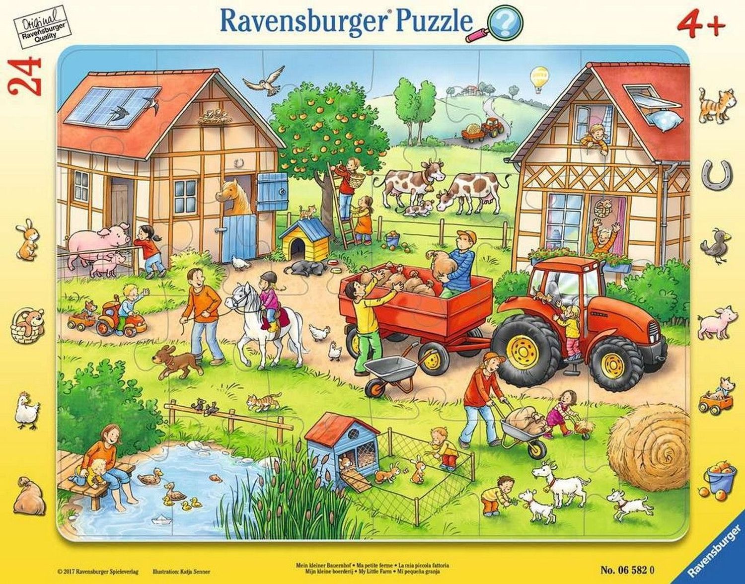 Puzzle mit Bauernhof-Motiv. 24 Teile. Marke Ravensburger. Ab 4 Jahren. Rechteckige Form. Bunte Illustration mit Tieren und Menschen.