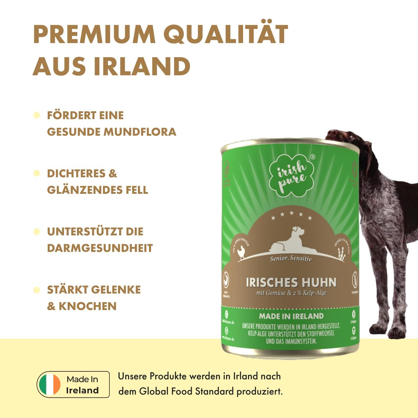 Dose 'Irish Pure' Hundefutter mit Hund, daneben Vorteile und Herkunft.