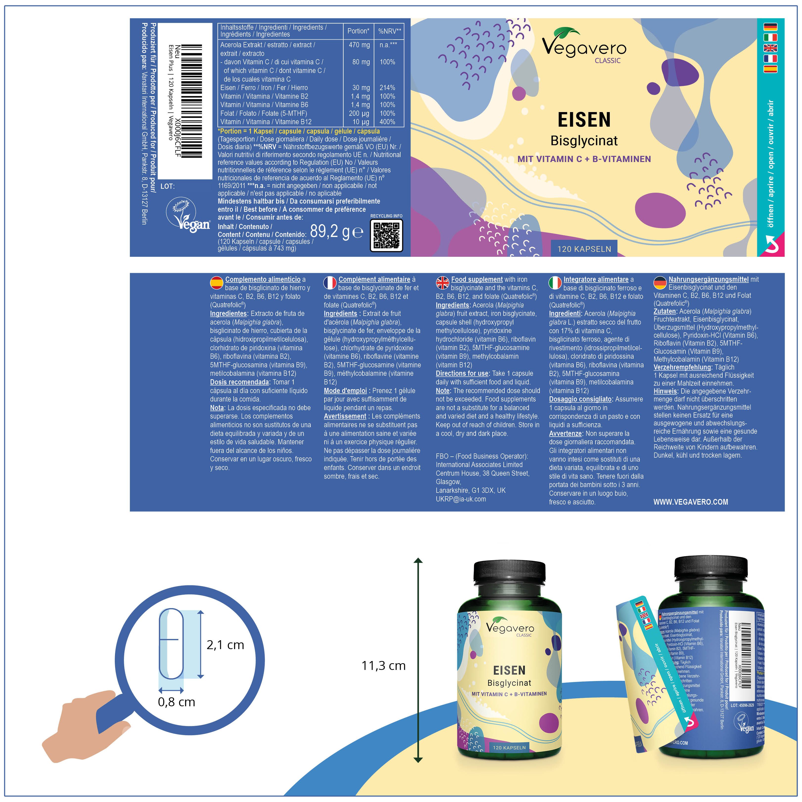 Produktverpackung mit Flasche und Kapsel-Größenvergleich. Aufschrift: Eisen Bisglycinat. Marke: Vegavero.