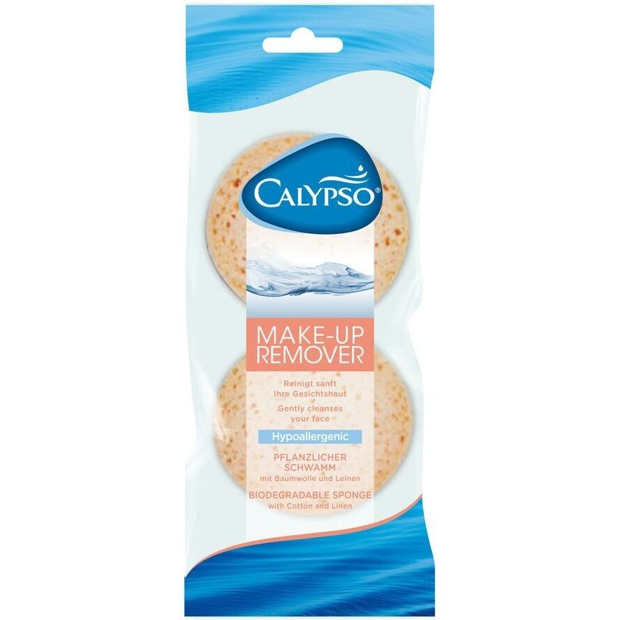 Verpackung mit zwei runden, beigen Make-up-Entfernern aus Naturfasern. Aufschrift: Calypso, Make-Up Remover, Hypoallergen, Pflanzlicher Schwamm.