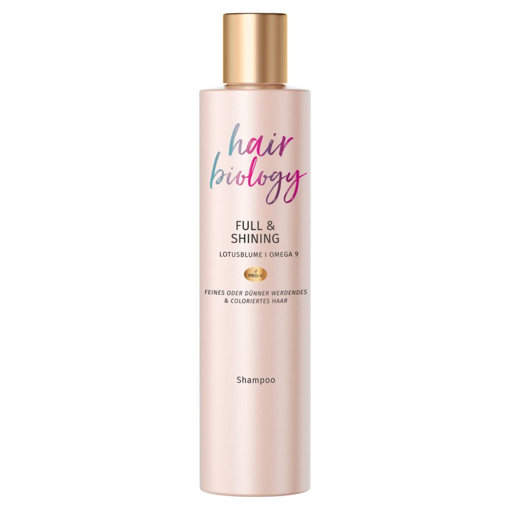 Rosa Shampoo-Flasche mit goldenem Deckel. Aufschrift: Hair Biology, Full & Shining, Lotusblume, Omega 9. Für feines oder coloriertes Haar.