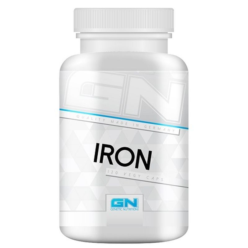 Weiße Flasche mit "IRON"-Aufdruck. Darunter "120 Vegy Caps". Logo "GN Genetic Nutrition". Hergestellt in Deutschland.