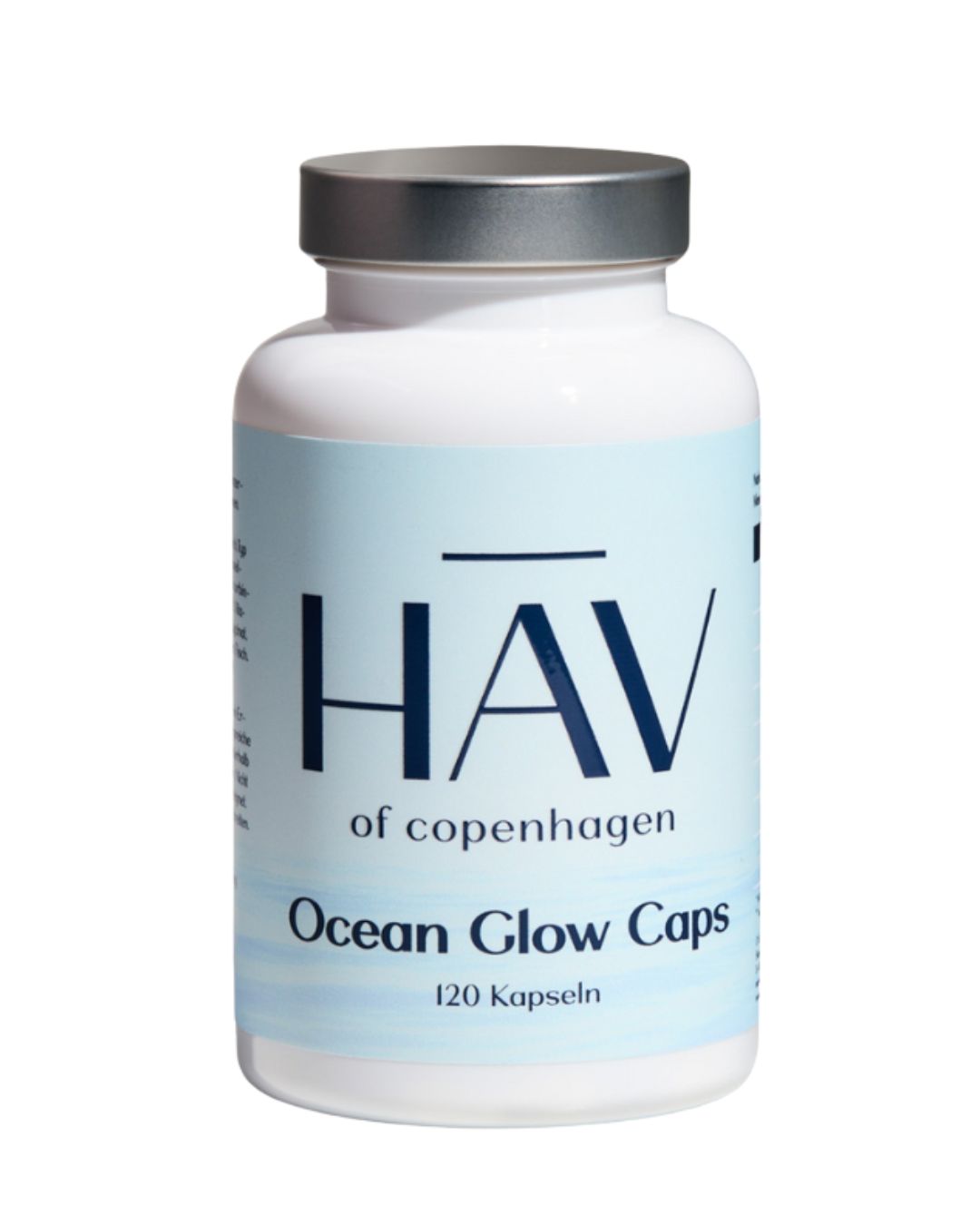 Weiße Flasche mit HAV-Logo und Aufschrift "Ocean Glow Caps 120 Kapseln". Silberner Deckel.