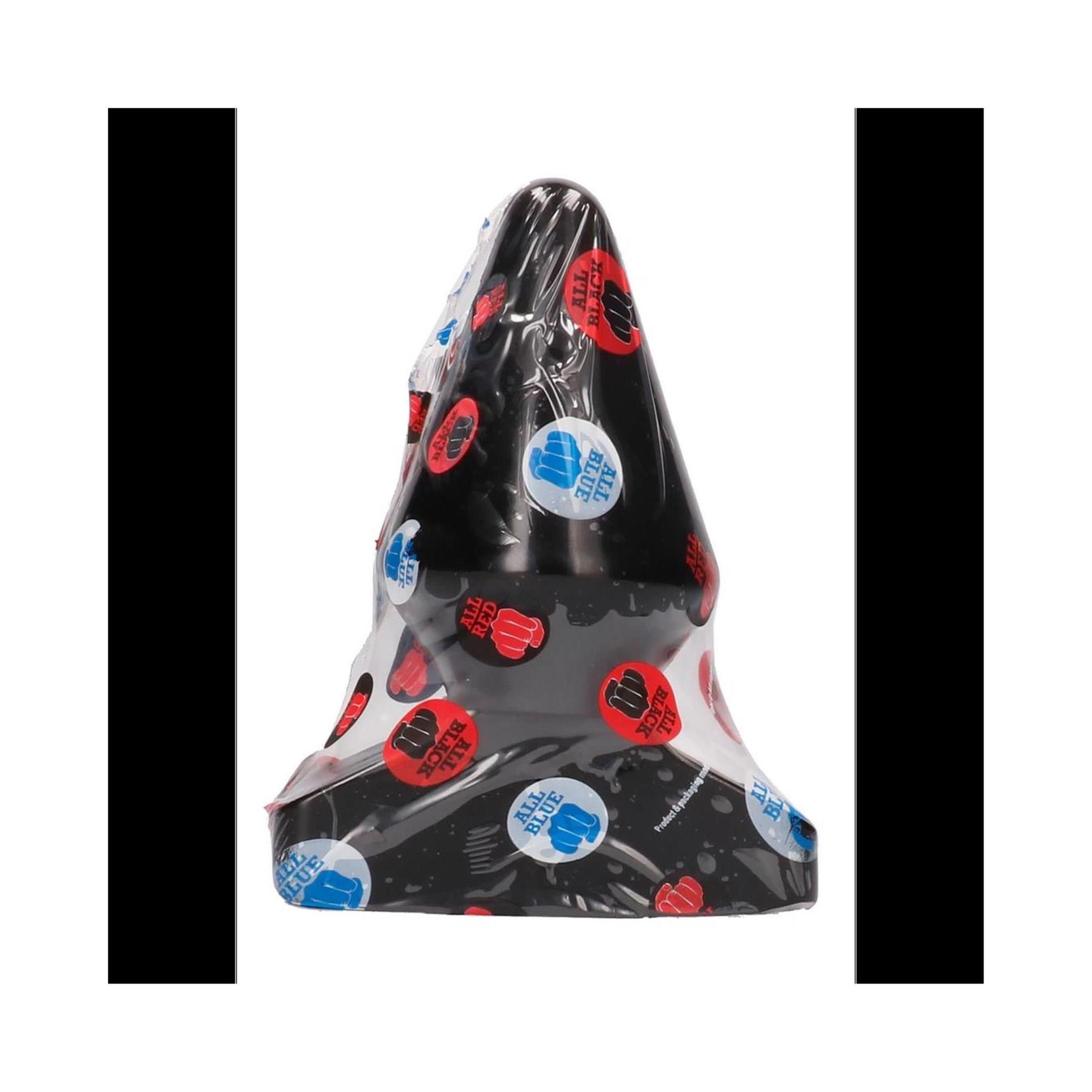 Kegelförmiger Analplug in Folie verpackt. Verpackung mit roten, blauen und weißen Kreisen bedruckt.