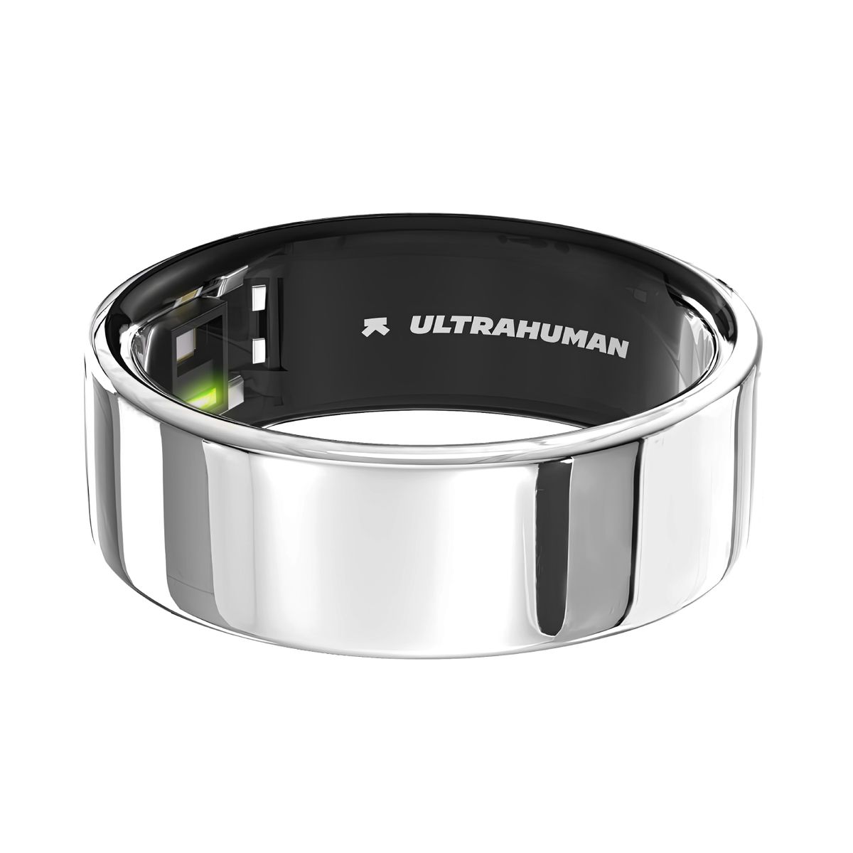 Silberfarbener Ring mit schwarzer Innenseite. Innen steht "ULTRAHUMAN". Der Ring hat einen Sensor.