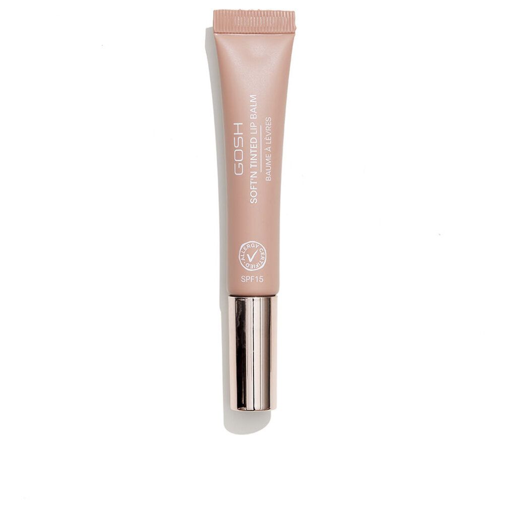 Rosa Lippenbalsam-Tube. Aufschrift: GOSH Soft'n Tinted Lip Balm, SPF15. Siegel. Metallkappe.